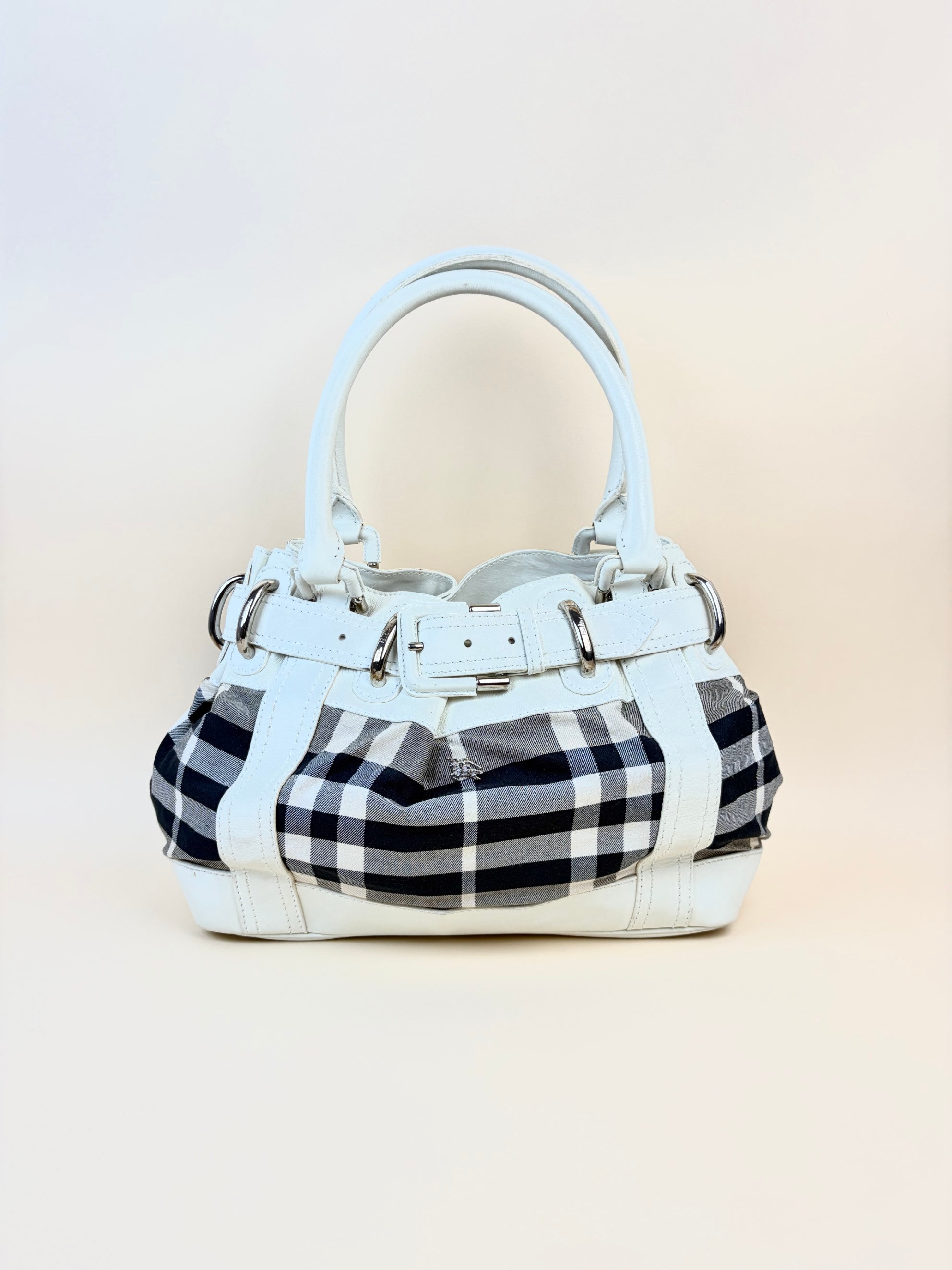 Burberry white leather nova/check large Beaton tote bag