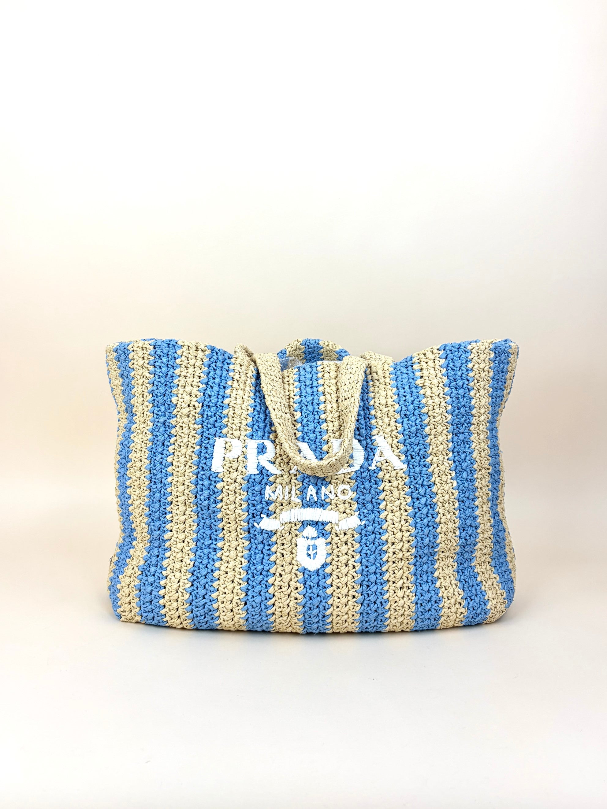 Prada natural celeste blue yarn raffia crocet stripped large logo tote bag