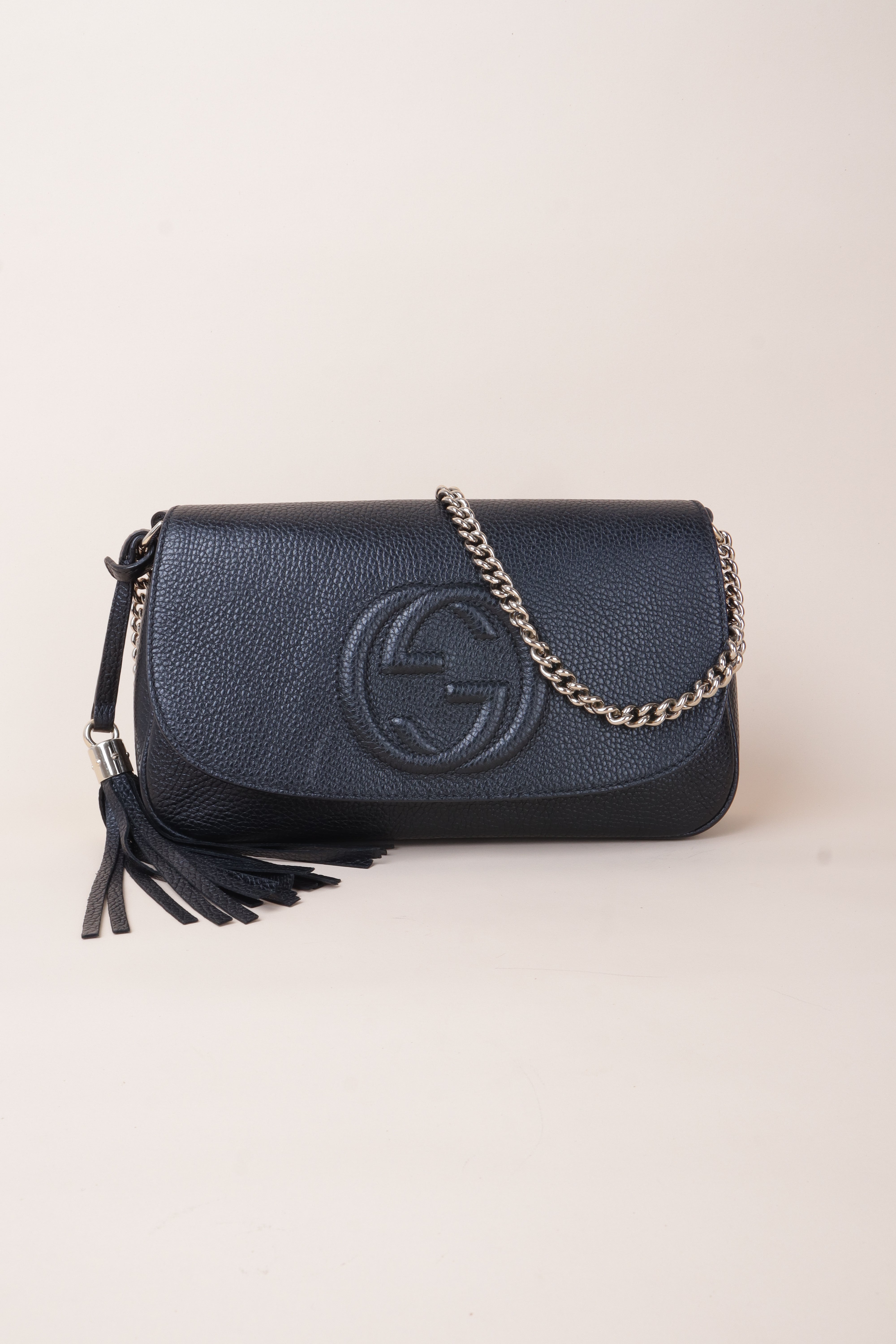 Gucci black long flap soho shoulder bag leather