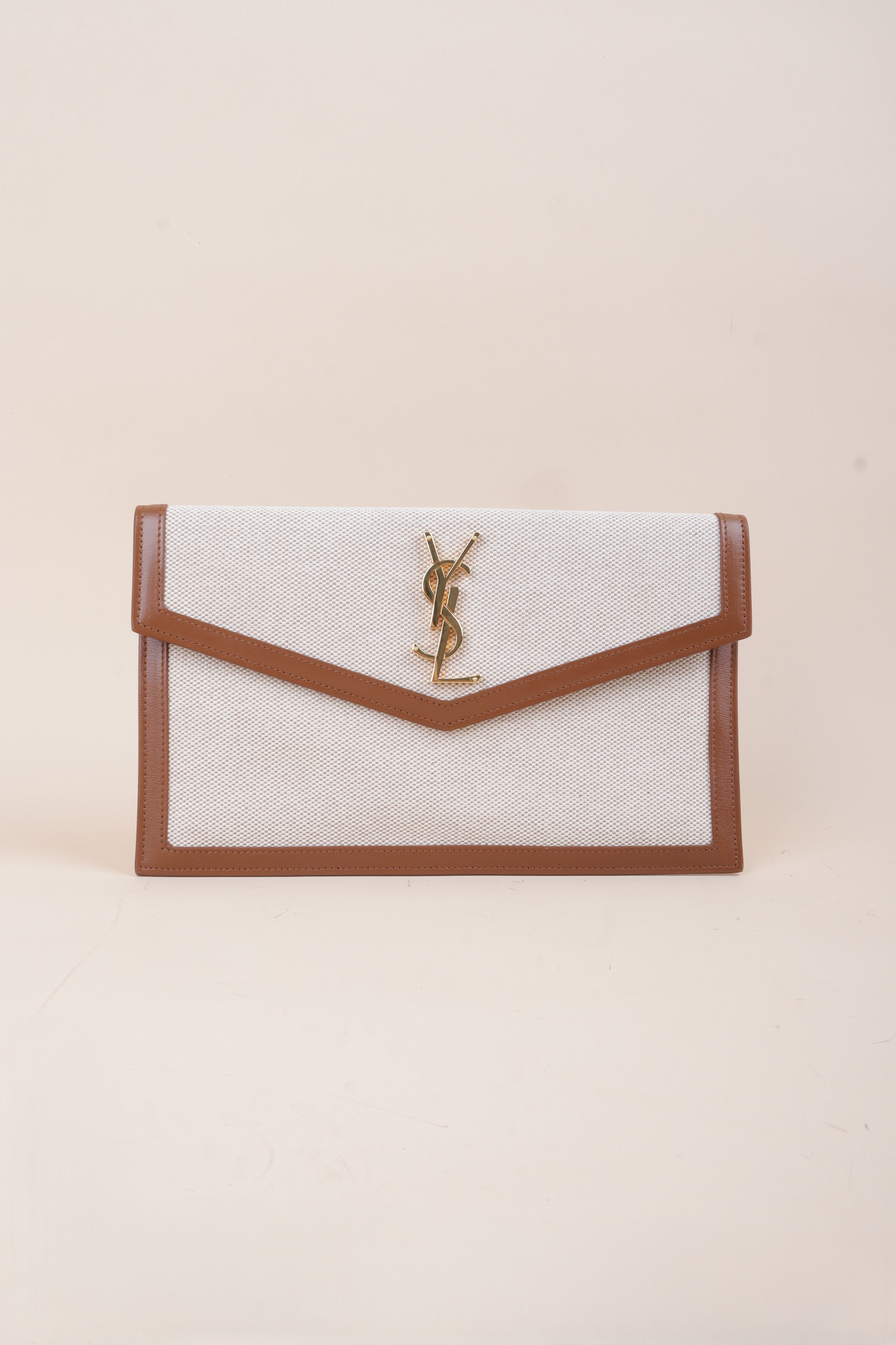 YSL Brown Raffia Uptown Flap Pouch
