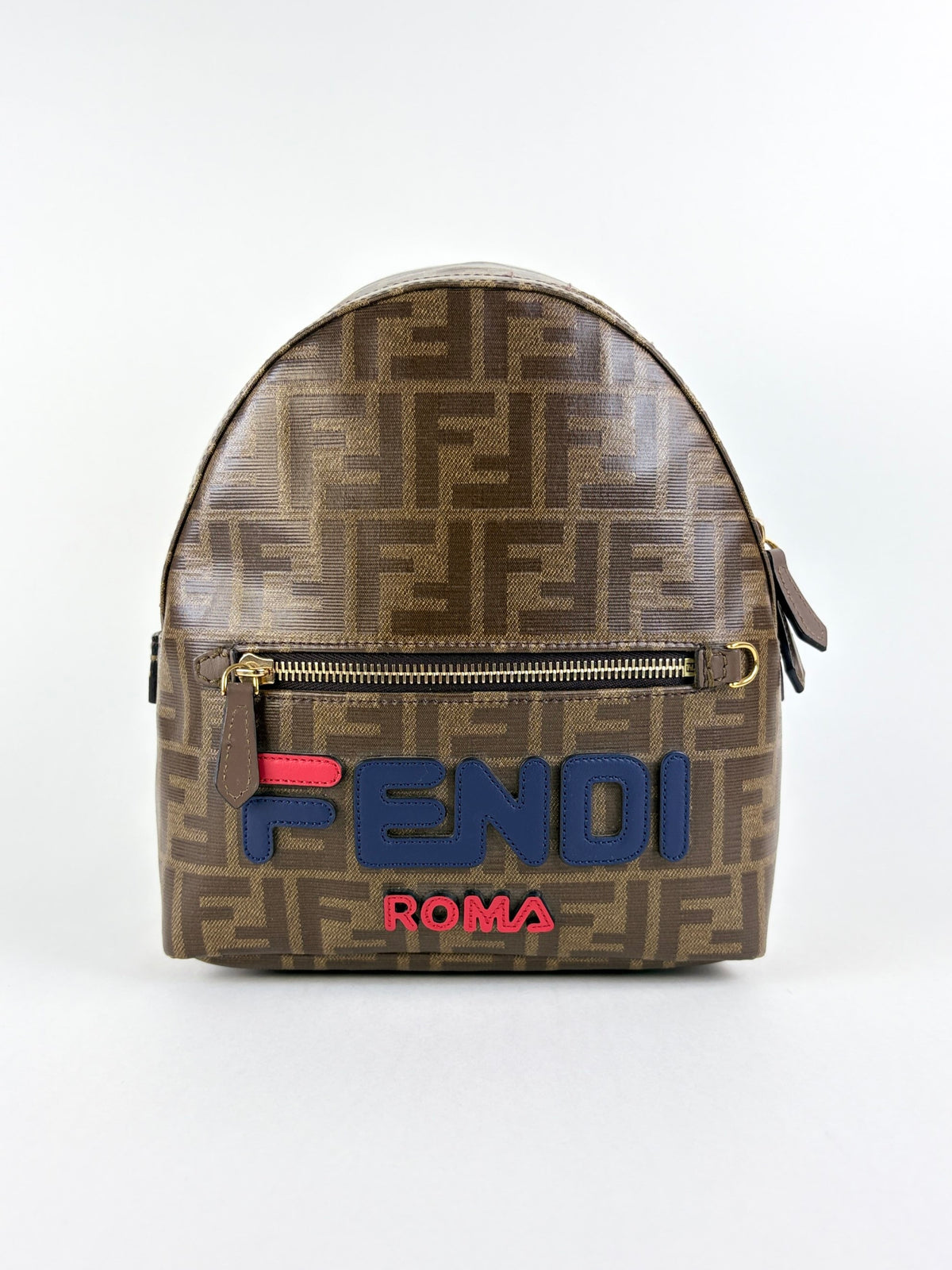 Fendi x fila glazed fabric vitello century ff 1974 mania pouch pocket backpack mogano panna blueberry