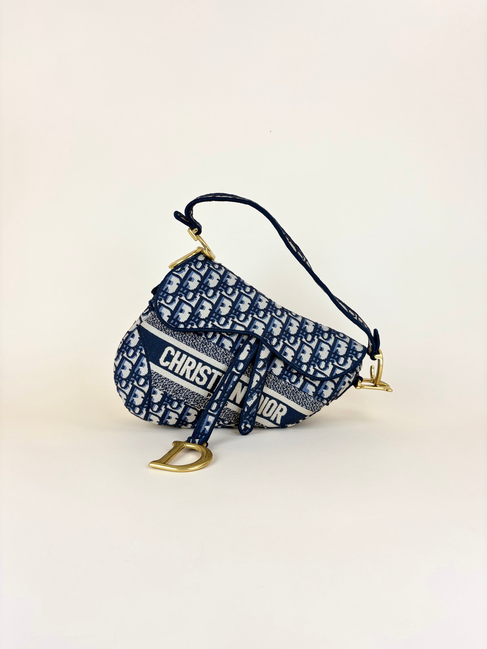 Christian Dior Blue Oblique Embroidered Saddle Bag