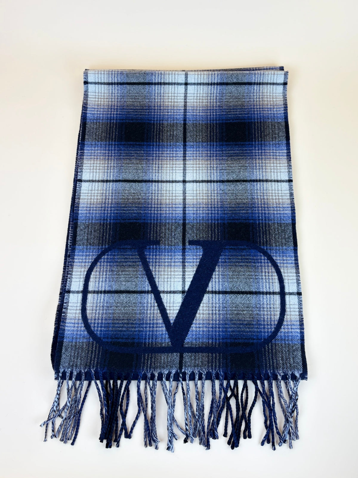 Valentino navy and checked V logo signature fringed sdges wool cashmere scarf