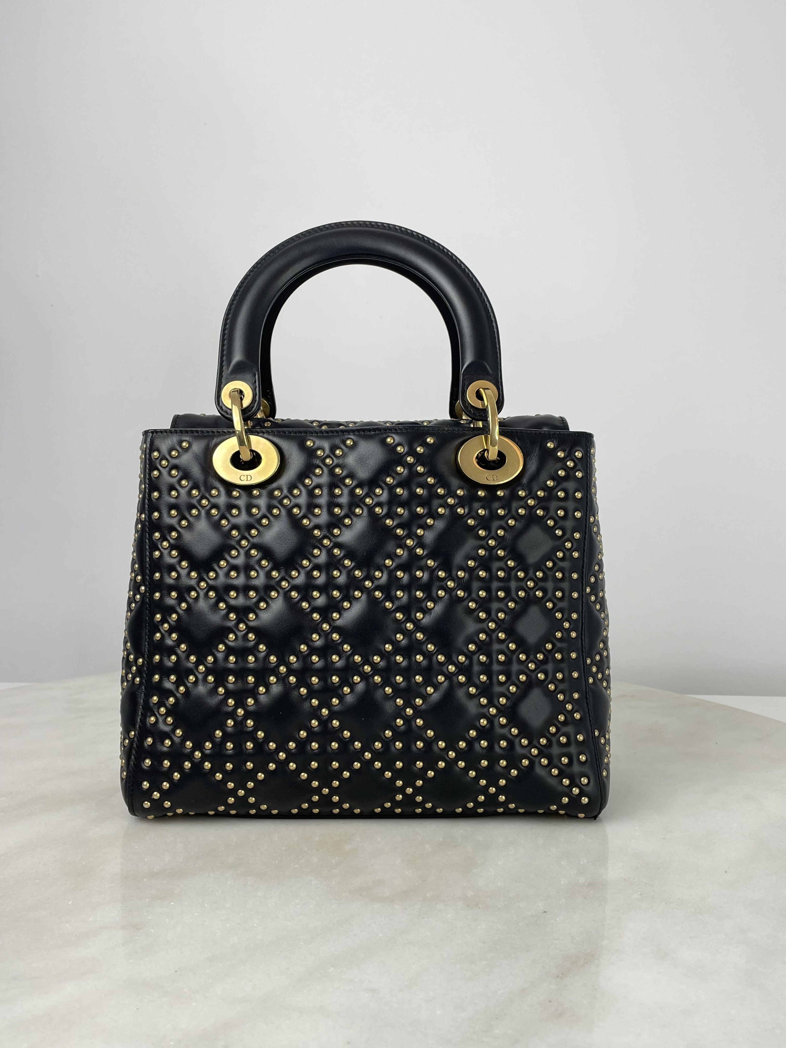 Christian Dior Black Supple Lady Dior Medium Studded Hand Bag W/ Strap