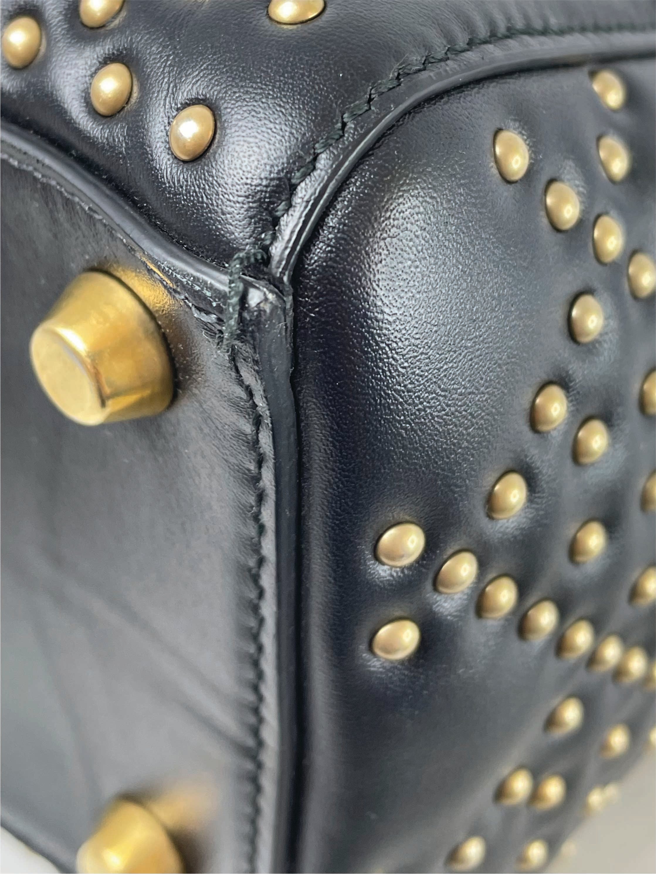 Christian Dior Black Supple Lady Dior Medium Studded Hand Bag W/ Strap