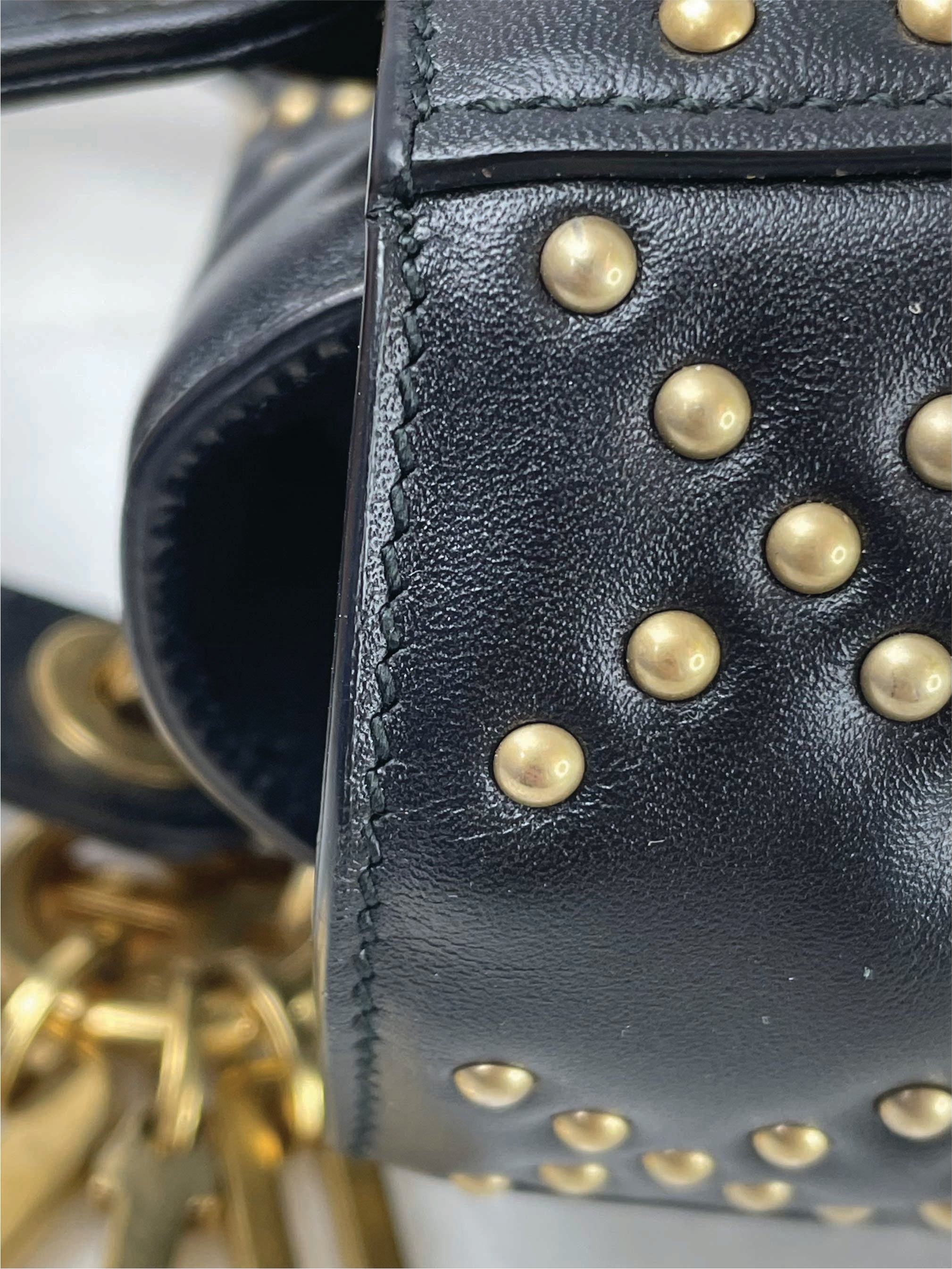 Christian Dior Black Supple Lady Dior Medium Studded Hand Bag W/ Strap