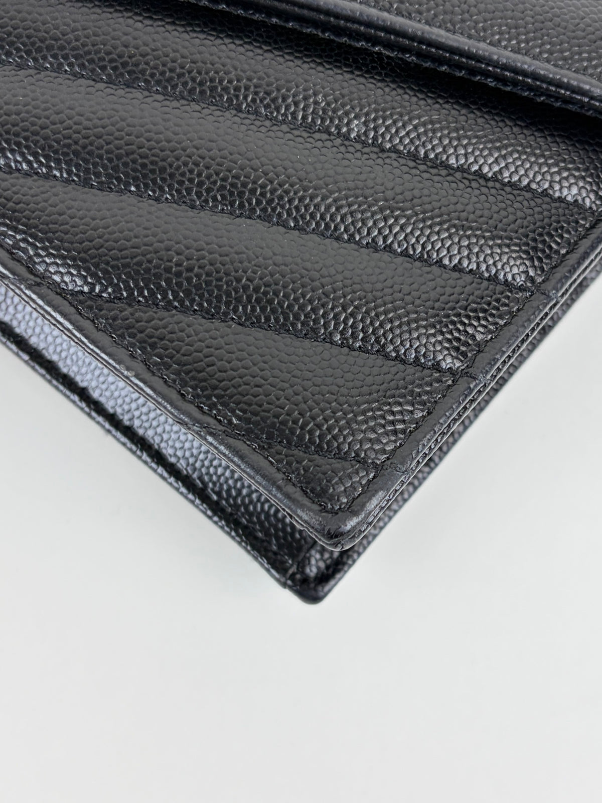 YSL black grain de Poudre leather Cassandre envelope wallet on chain