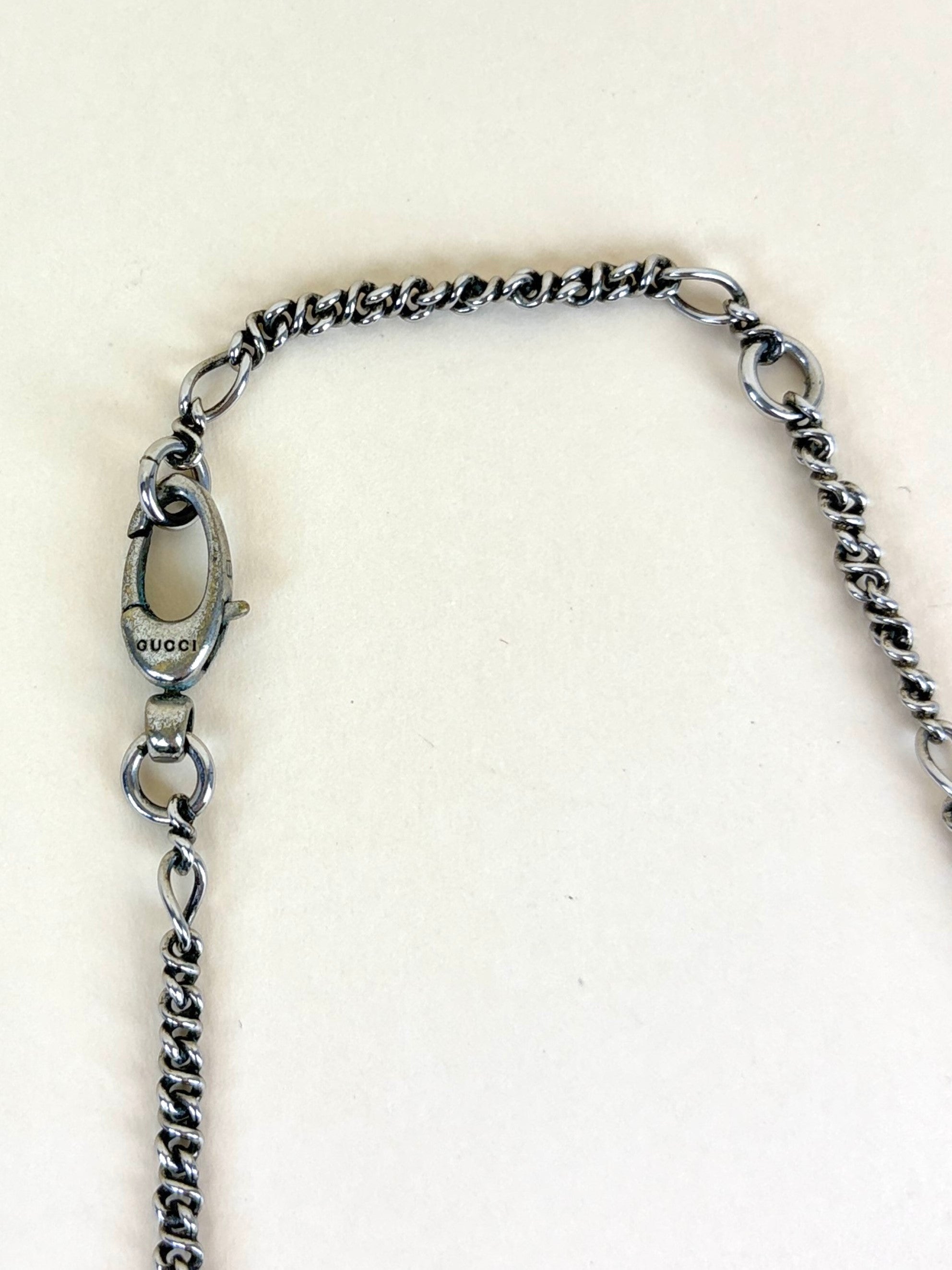 Gucci Silver Lion Head Pendant Engraved Necklace