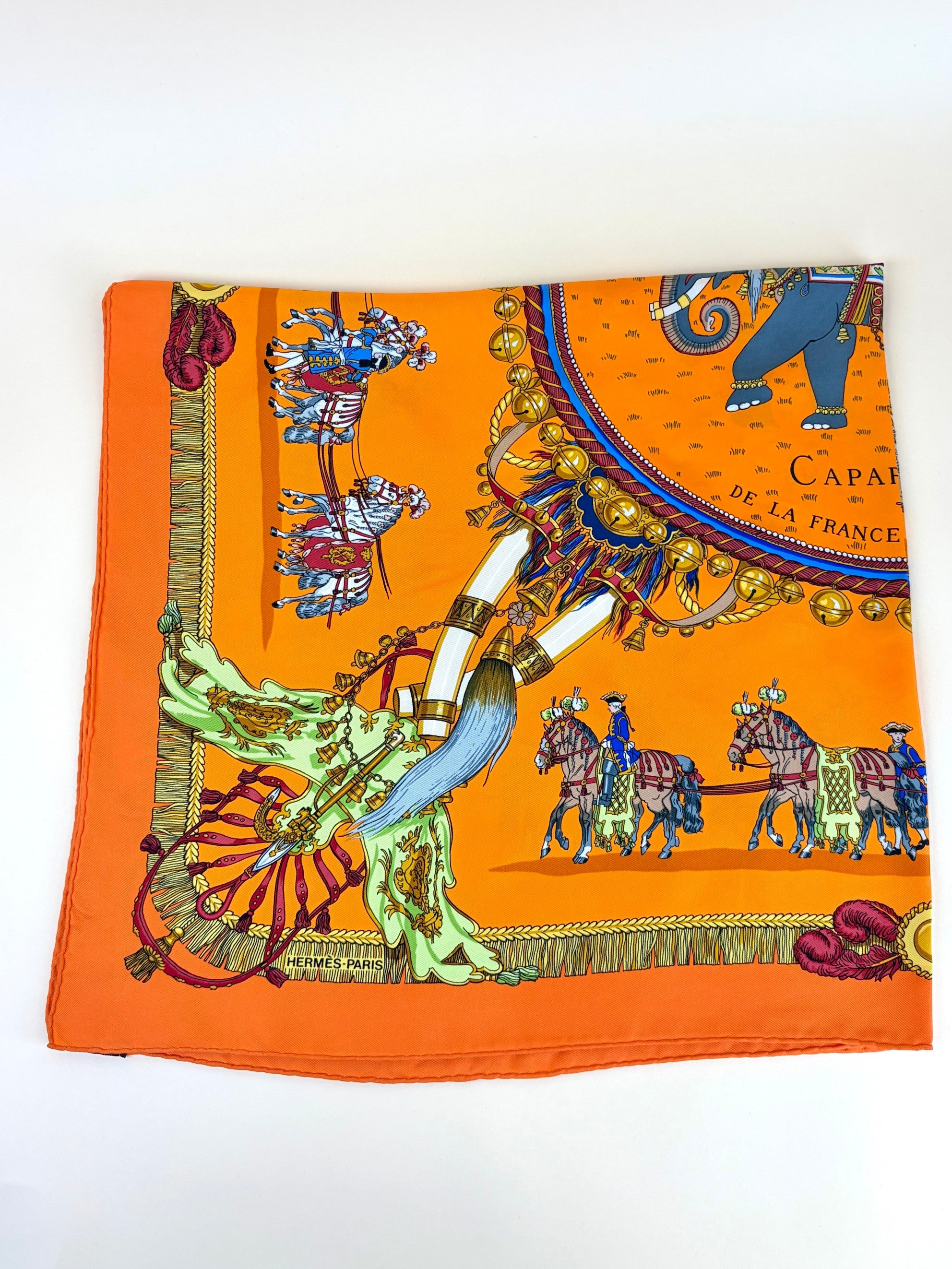 Hermes caparacons de la fransce et de lindie multi color orange silk scarf