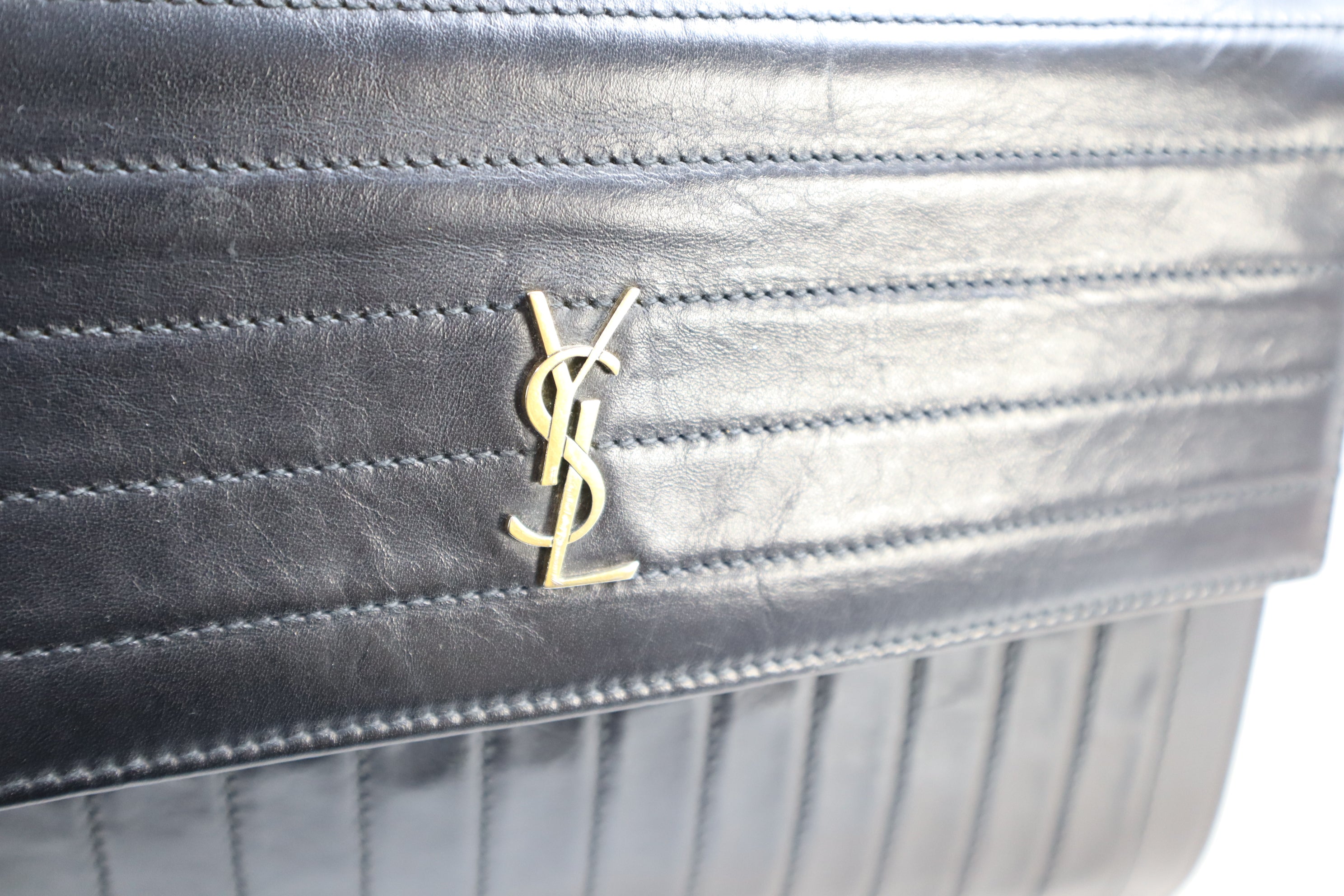 YSL Black Victoire Crinkled Flap Pouch