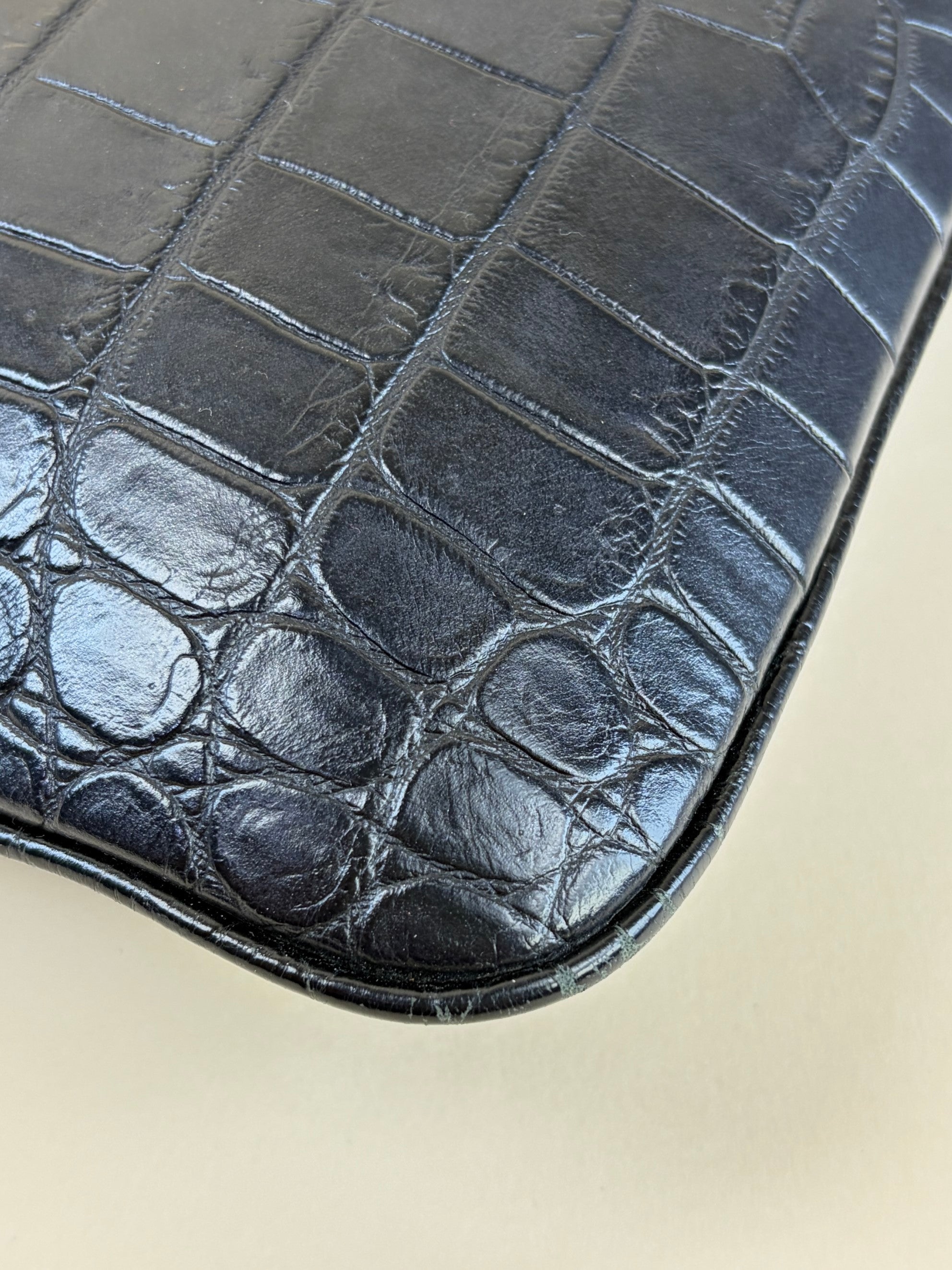 ysl tablet pouch in black crocodile embossed leather gold Cassandre logo flat pouch