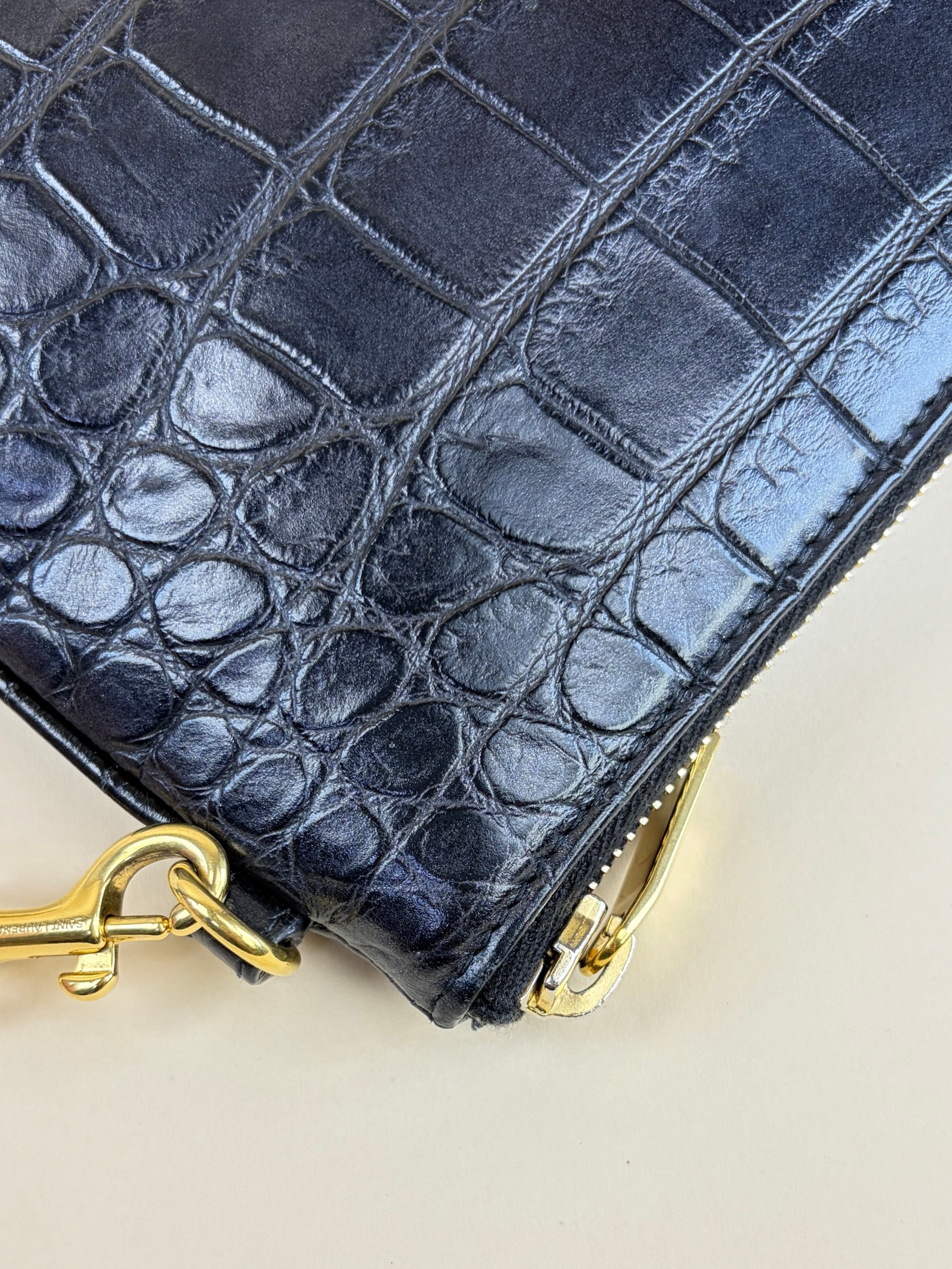 ysl tablet pouch in black crocodile embossed leather gold Cassandre logo flat pouch