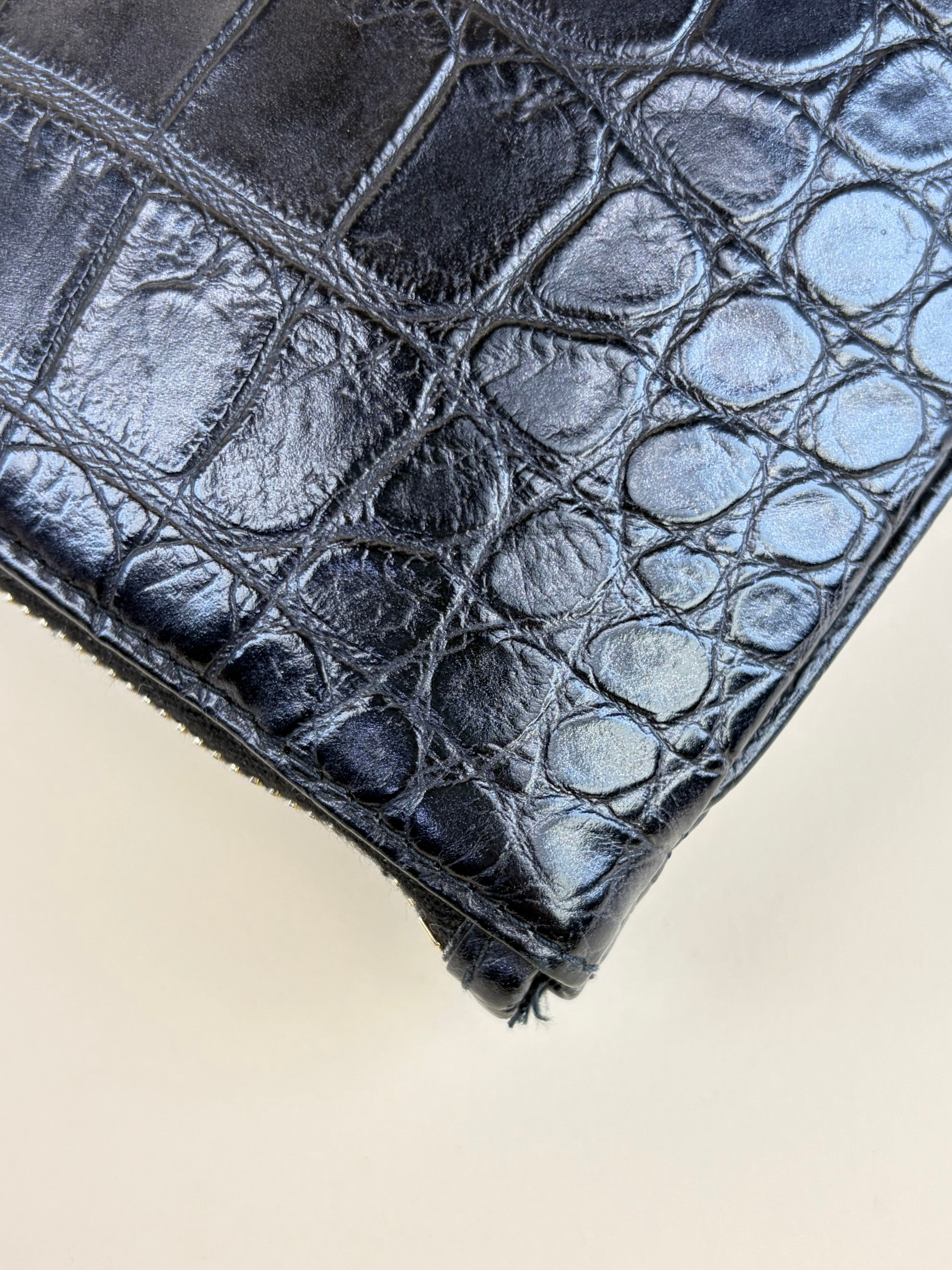 ysl tablet pouch in black crocodile embossed leather gold Cassandre logo flat pouch