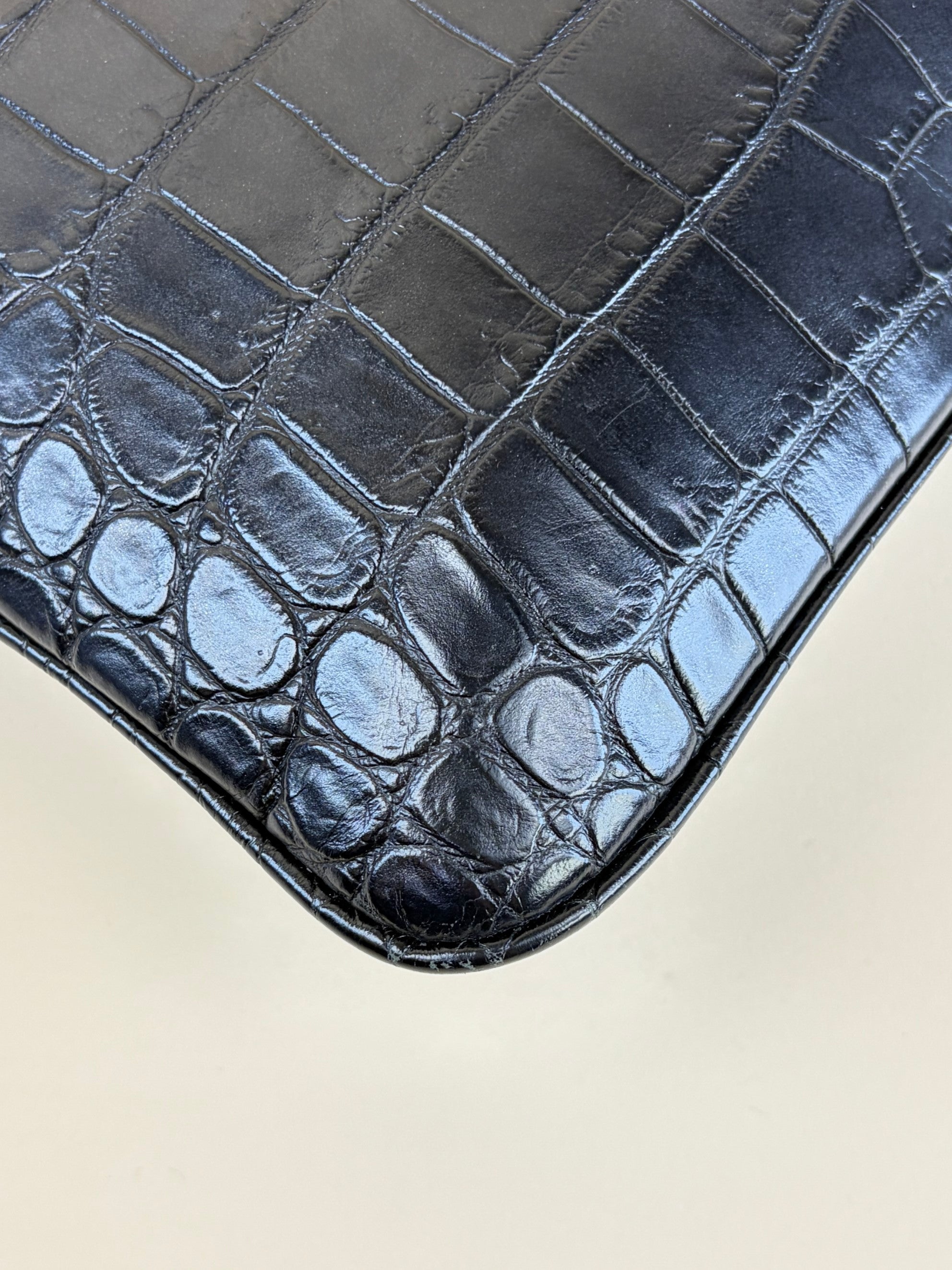 ysl tablet pouch in black crocodile embossed leather gold Cassandre logo flat pouch