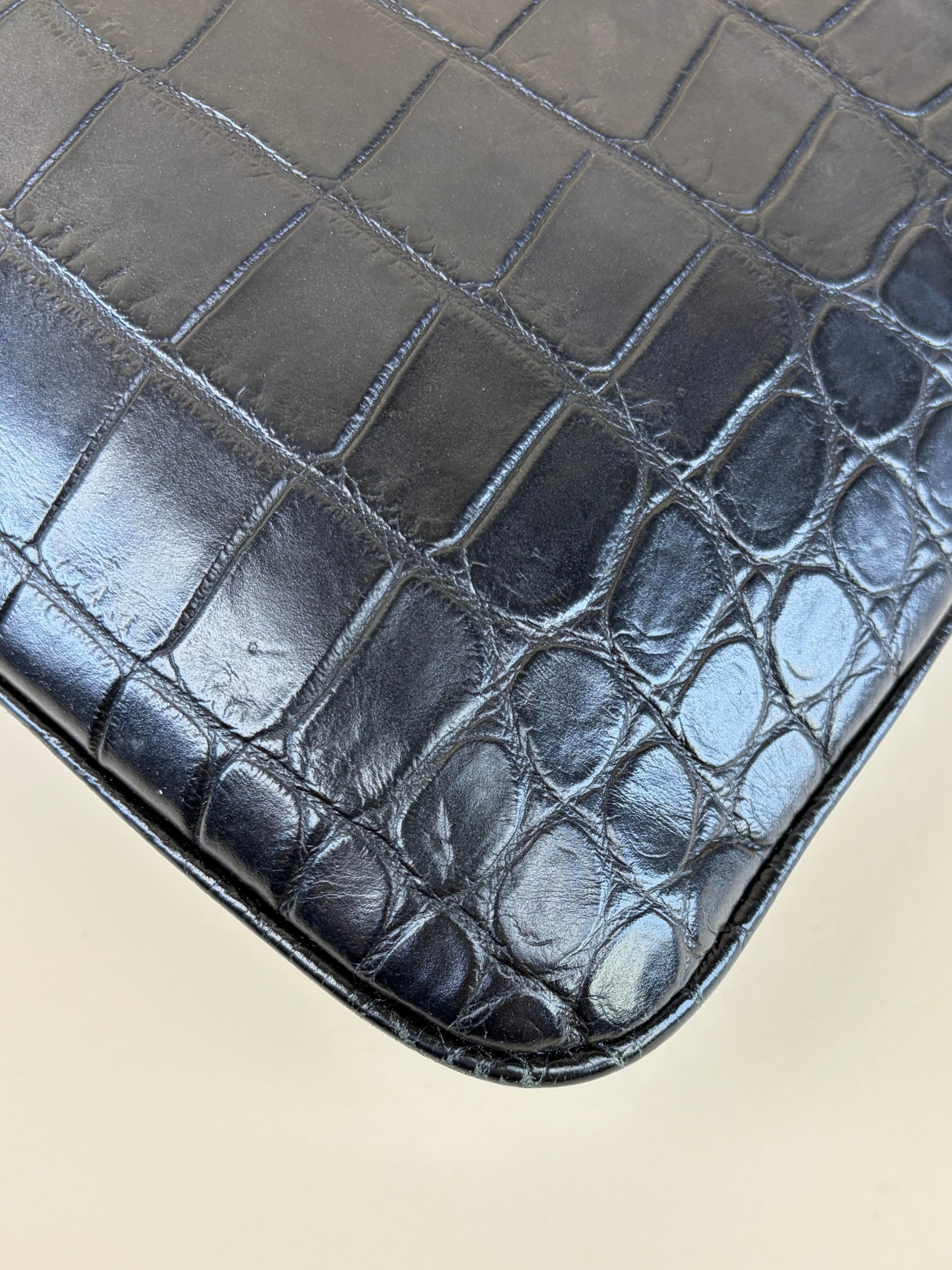 ysl tablet pouch in black crocodile embossed leather gold Cassandre logo flat pouch