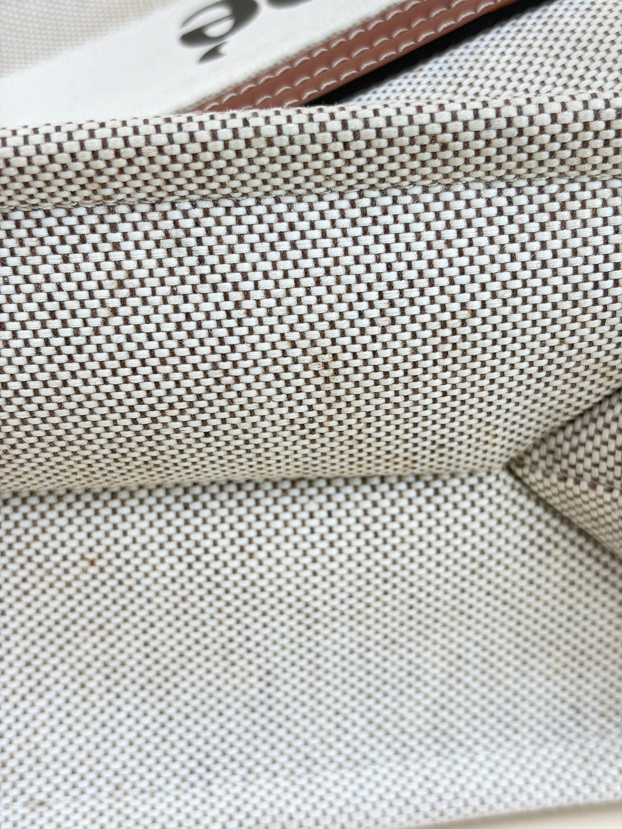 Chloe white linen and brown calfskin medium woody tote bag