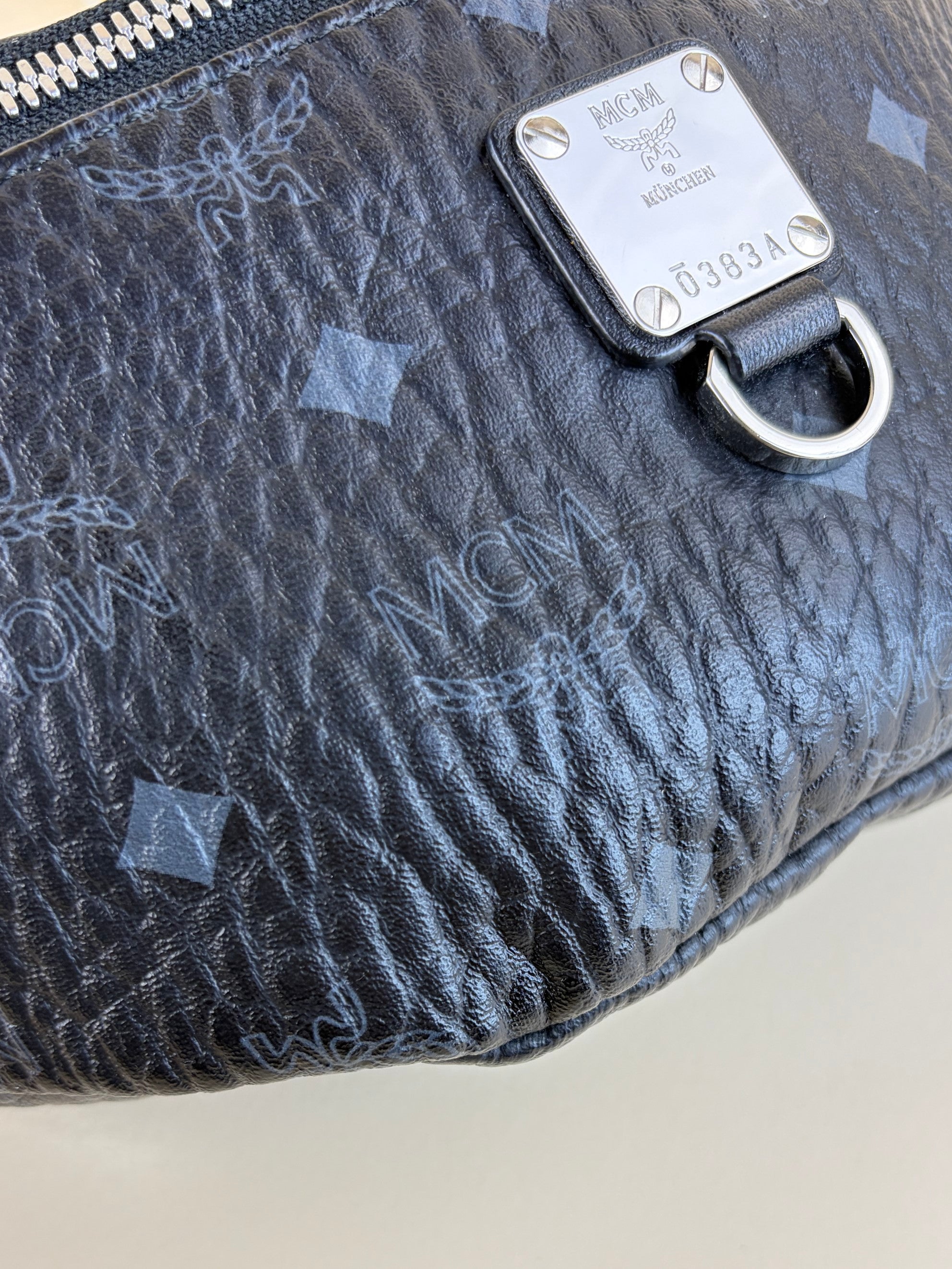 MCM black fursten in visetos medium belt bag