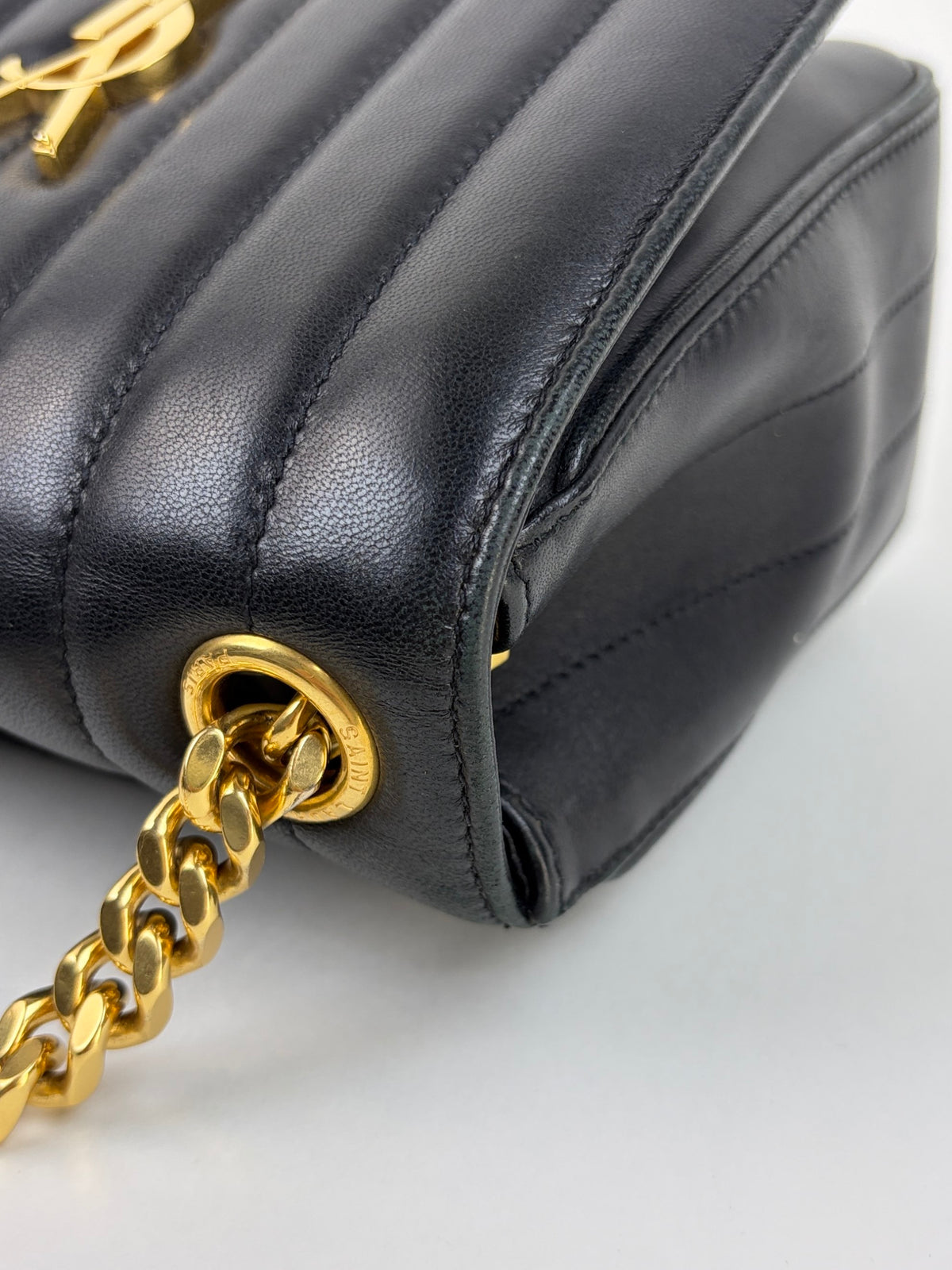 YSL black lambskin matelassé monogram Vicky medium chain bag