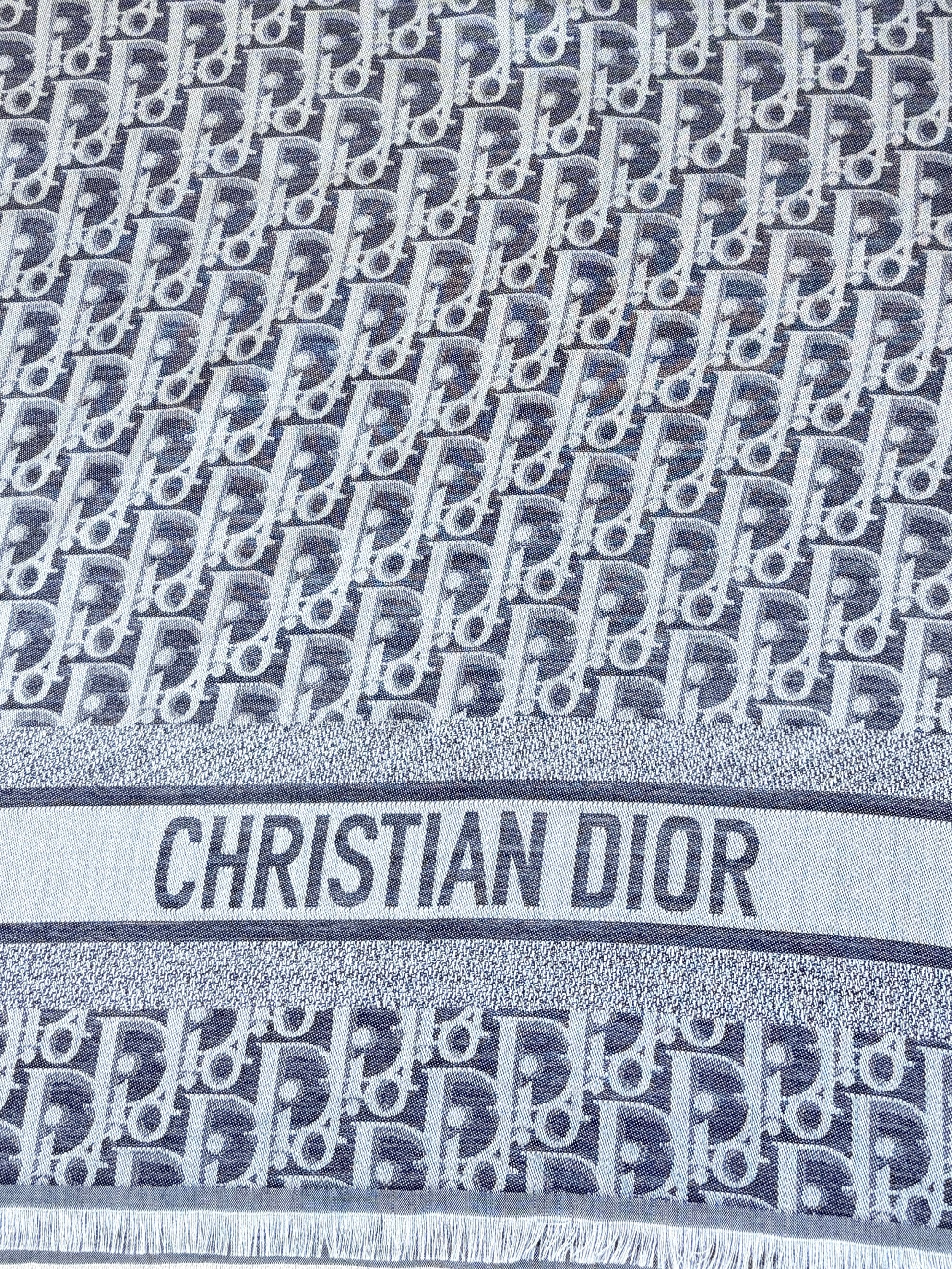Christian Dior navy blue Oblique silk wool and cashmere shawl