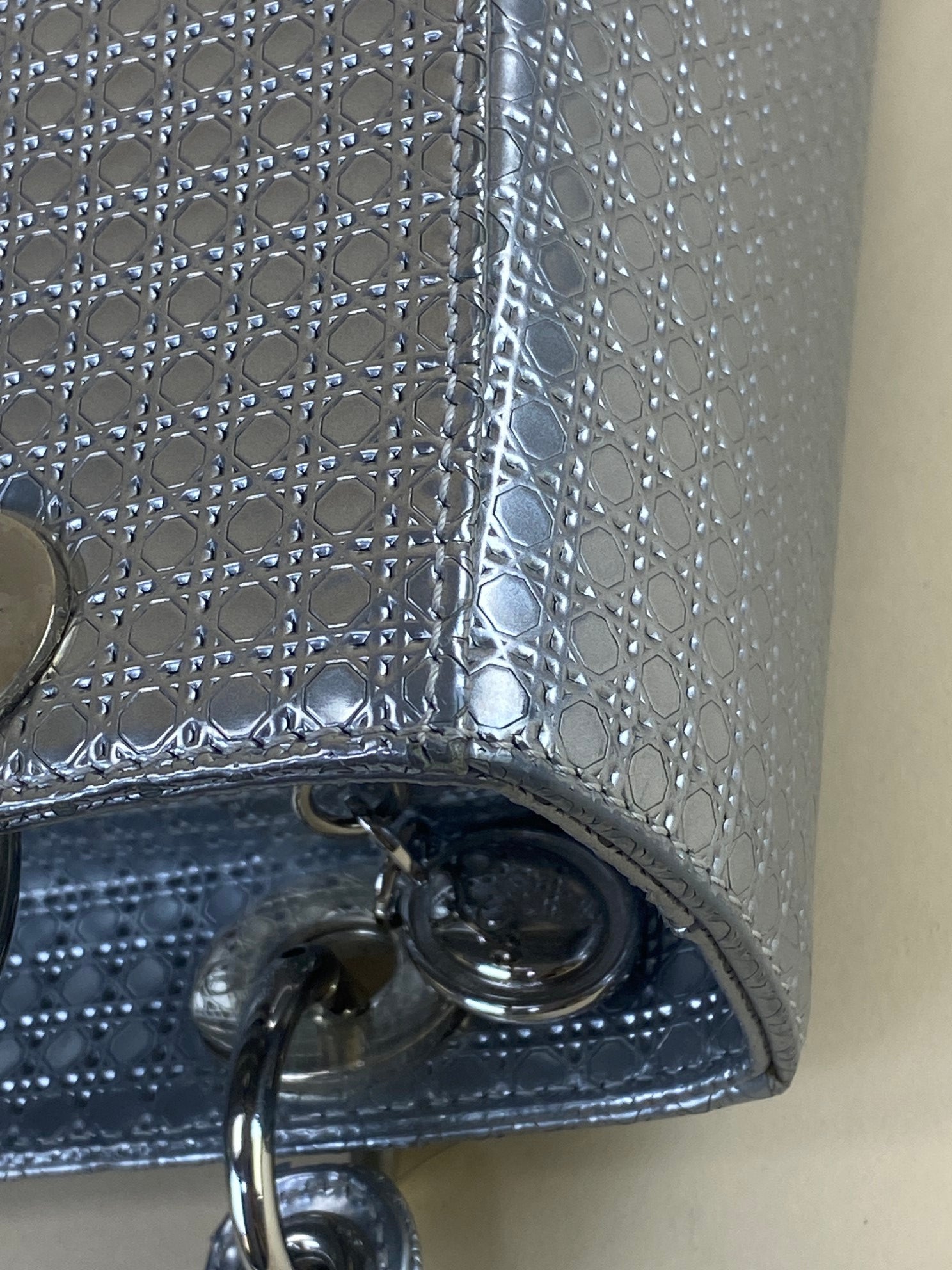 Christian Dior Metallic Silver Lady Dior Micro Cannage Medium Bag with Strap