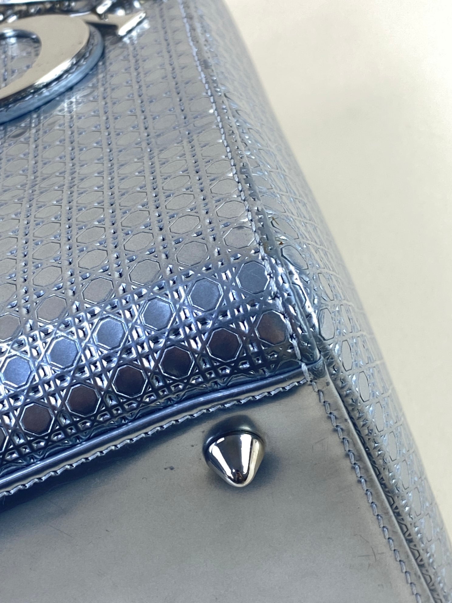 Christian Dior Metallic Silver Lady Dior Micro Cannage Medium Bag with Strap