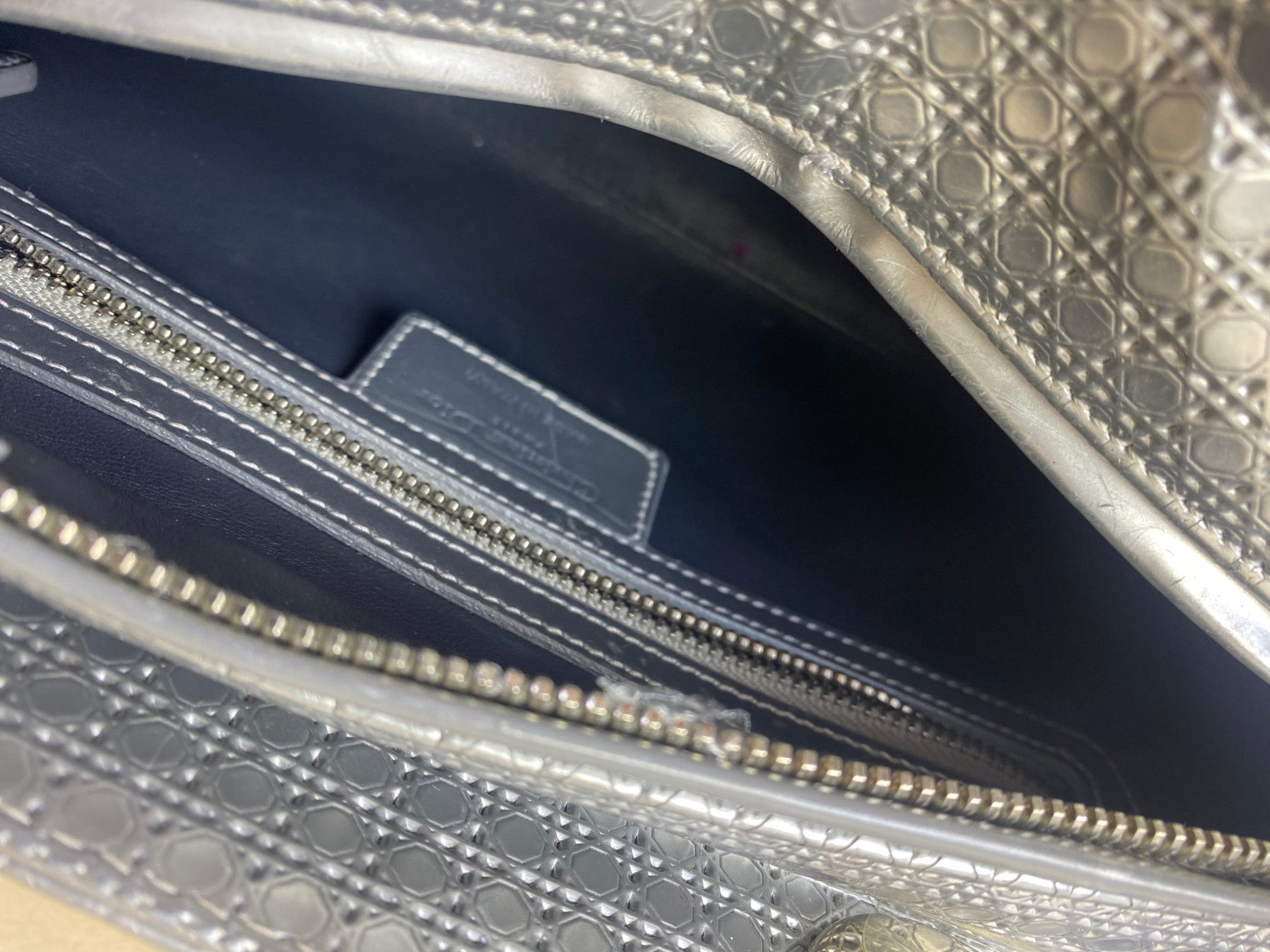 Christian Dior Metallic Silver Lady Dior Micro Cannage Medium Bag with Strap