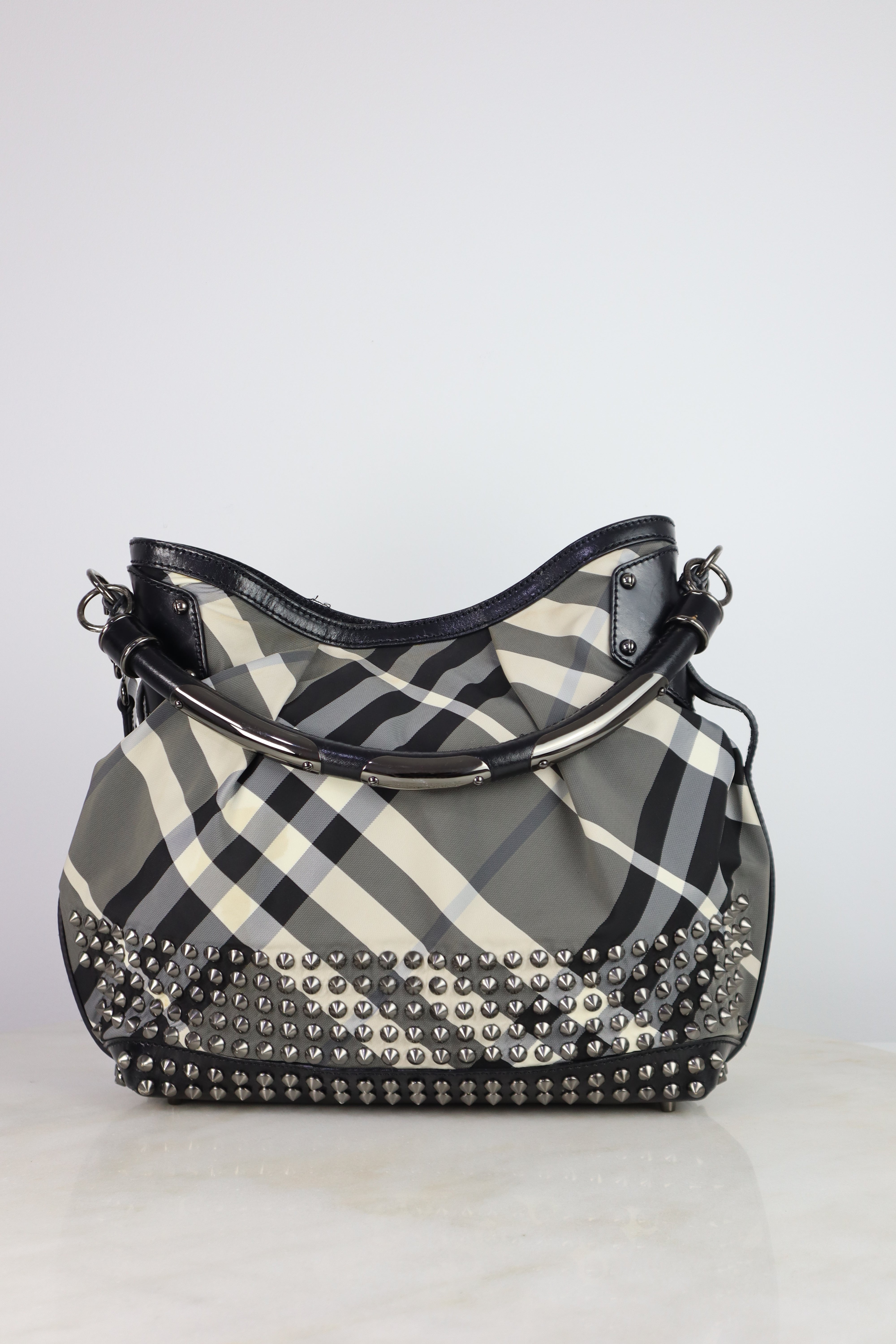 Burberry Black Beat Check Nylon Hobo Bag W/ Shoulder Strap