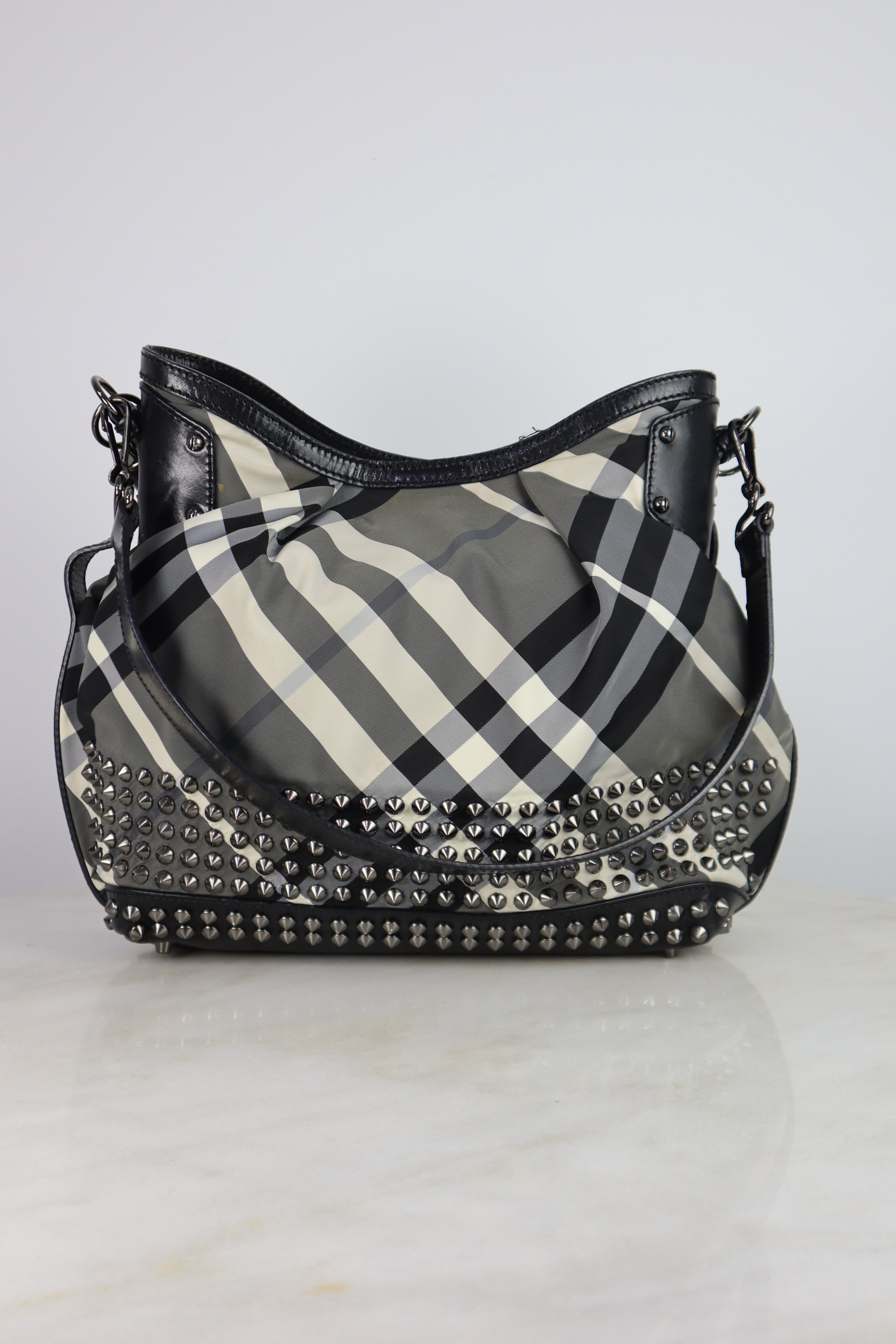 Burberry Black Beat Check Nylon Hobo Bag W/ Shoulder Strap