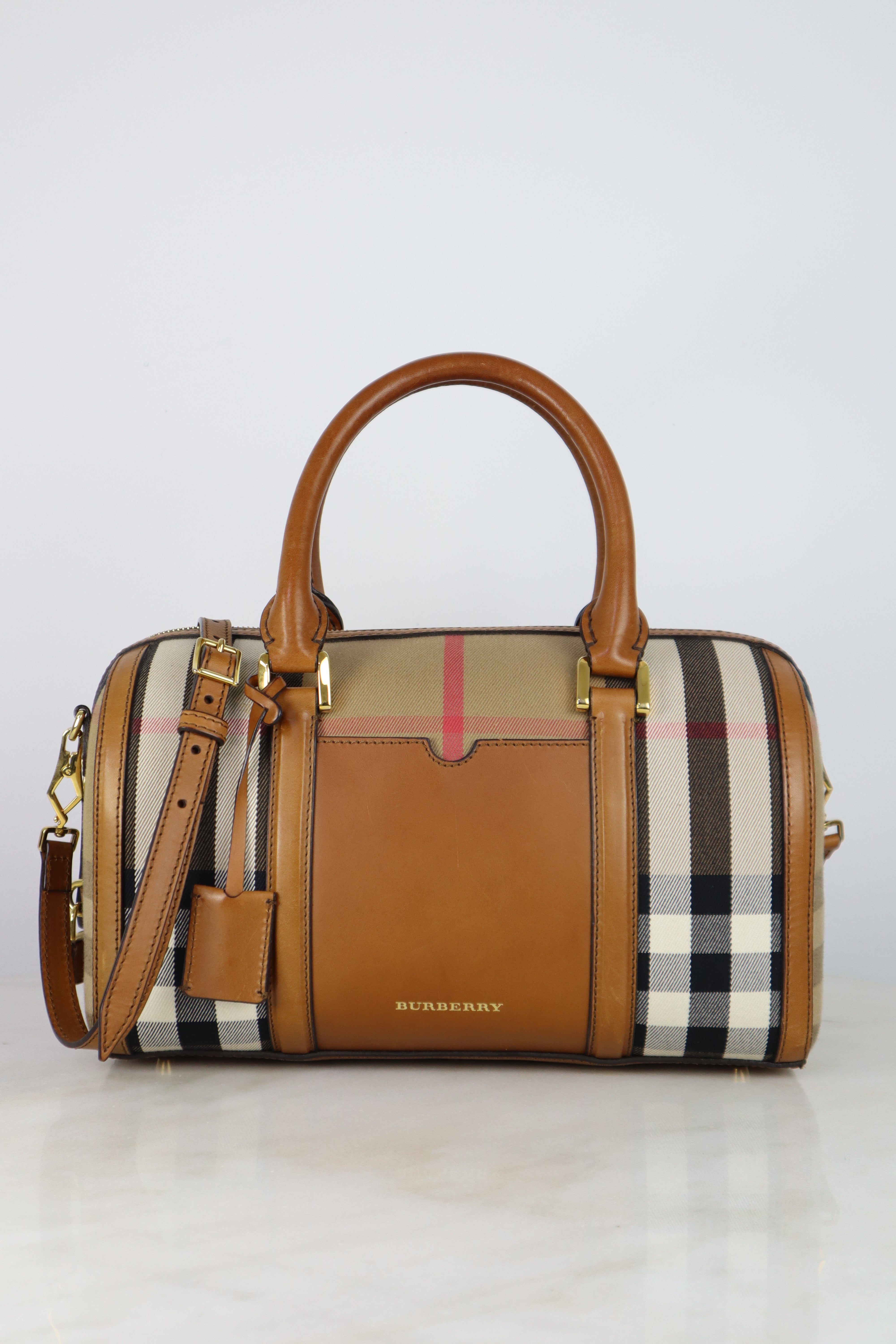 Burberry House Check Camel Derby Boston Alchester Bowling Medium Bag
