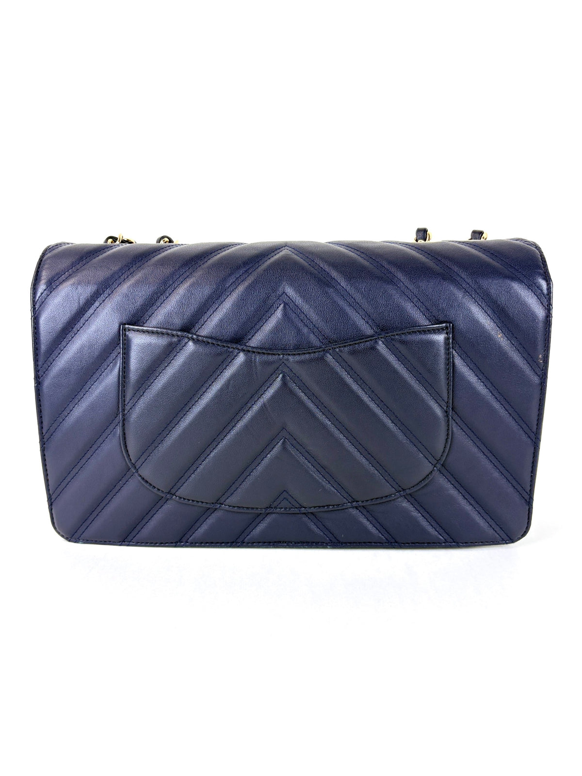 Chanel Navy blue chevron lambskin double stitch large full flap bag
