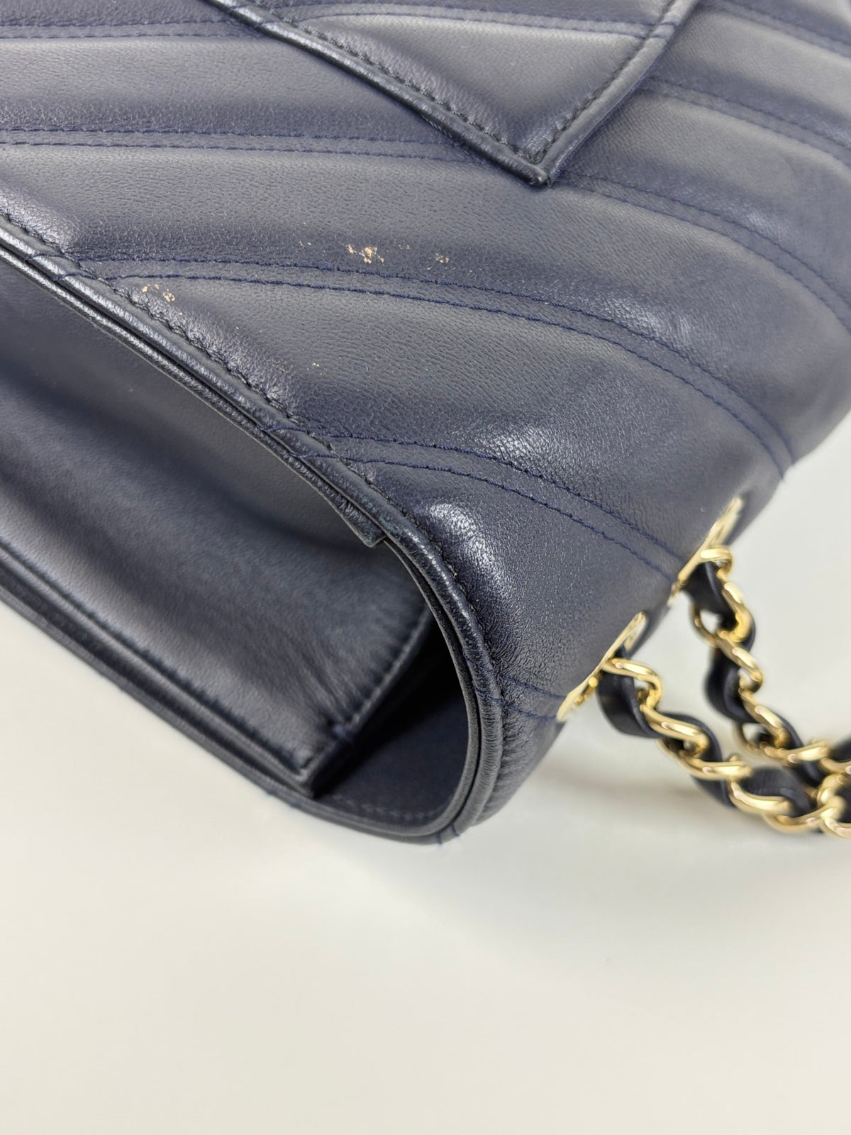 Chanel Navy blue chevron lambskin double stitch large full flap bag