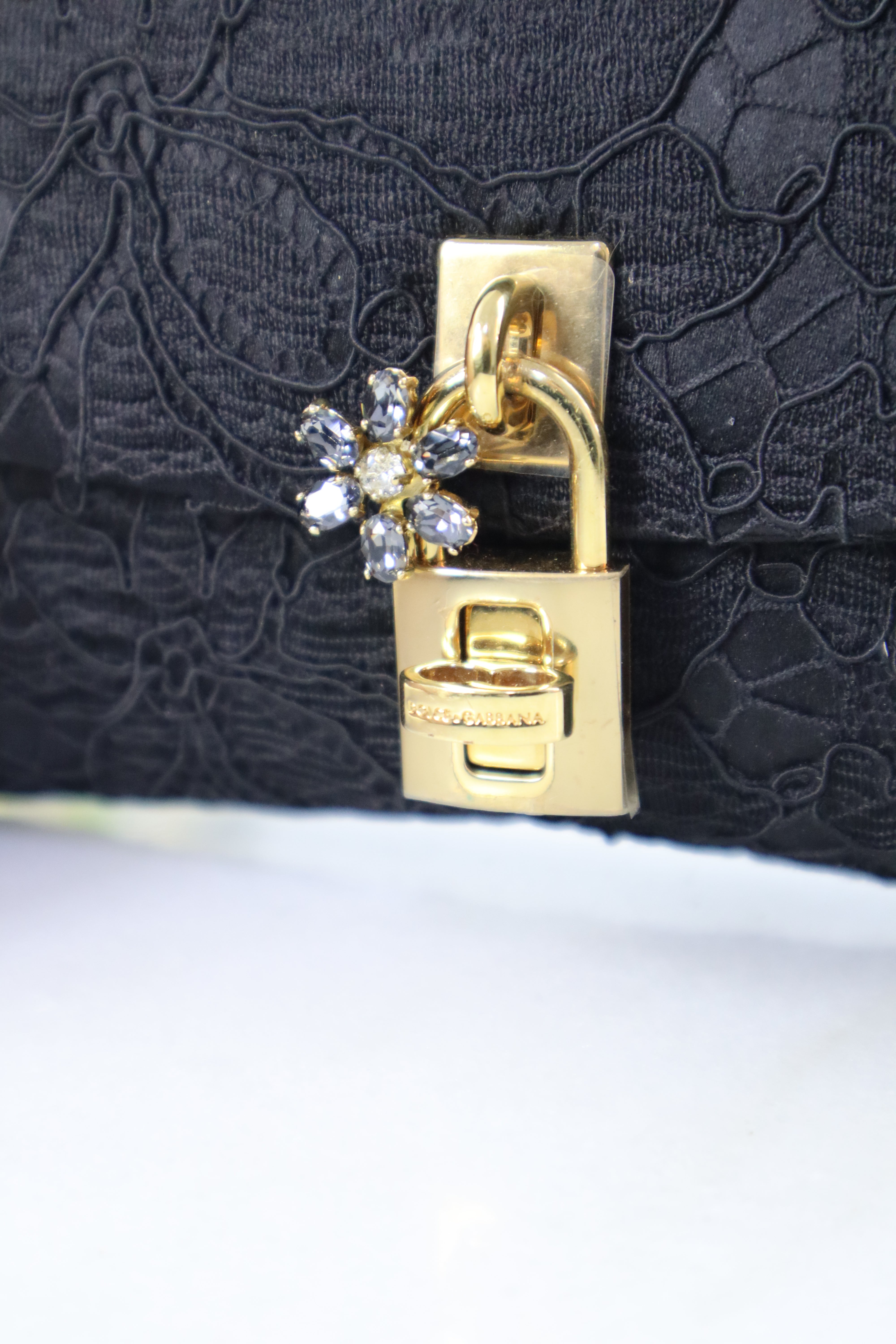 Dolce & Gabbana Black Lace Padlock Chain Clutch WOC