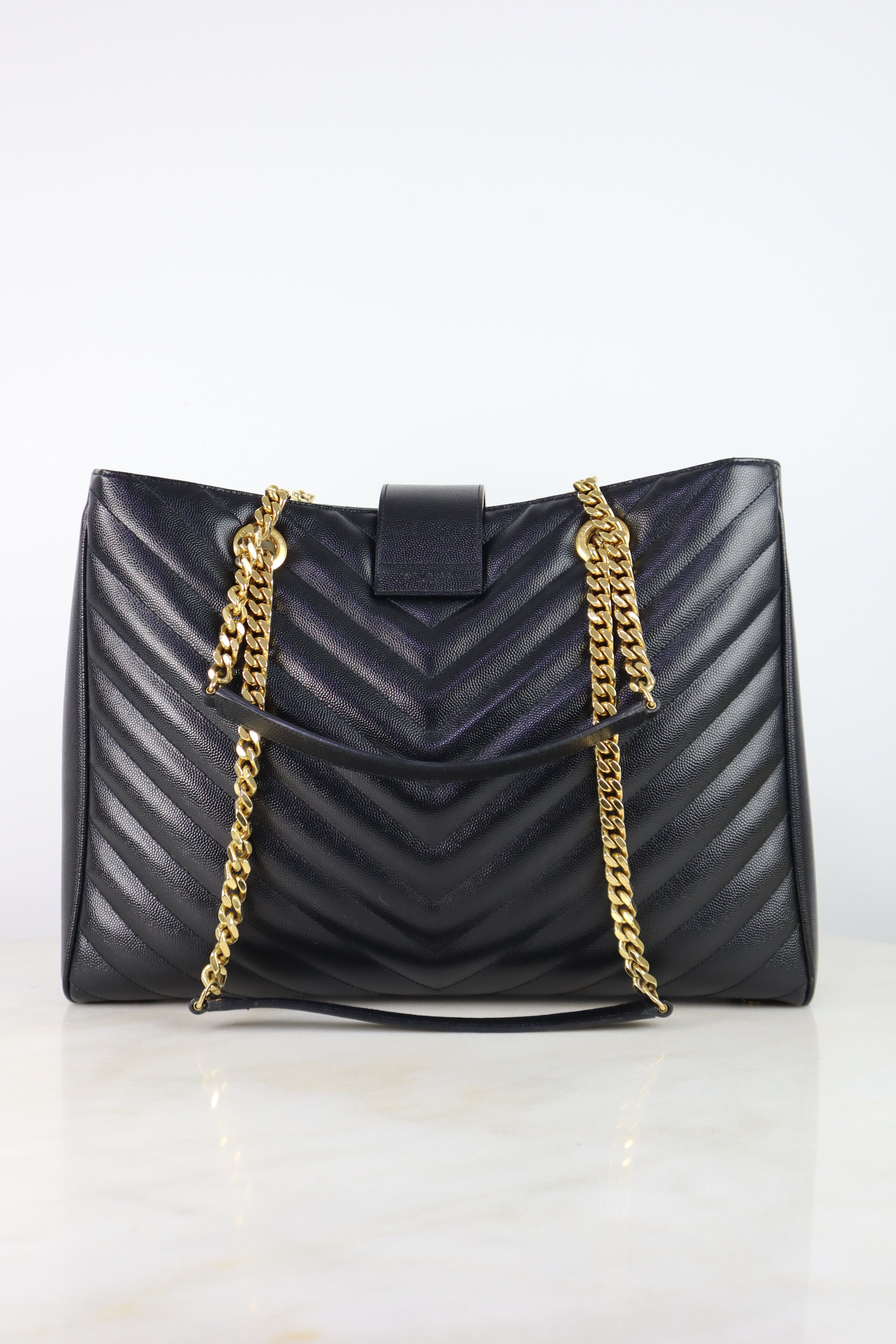 YSL Black Chevron Quilted Monogram Shopping Bag