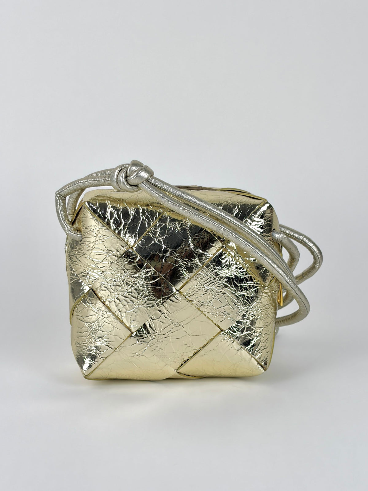 Bottega Veneta supermoon gold intreccio xassette mini camera bag