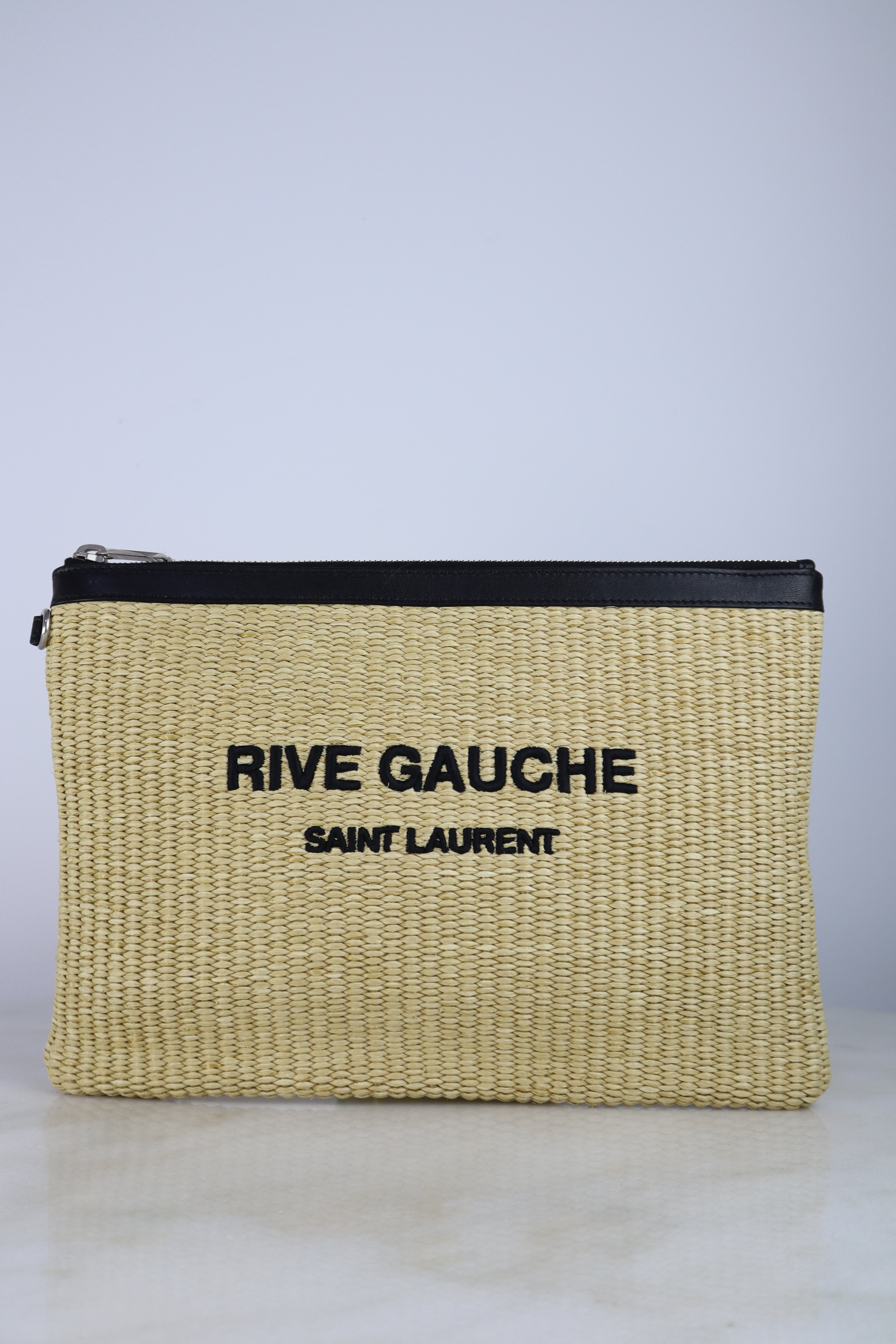 YSL Natural Raffia Rive Gauche Zipped Pouch