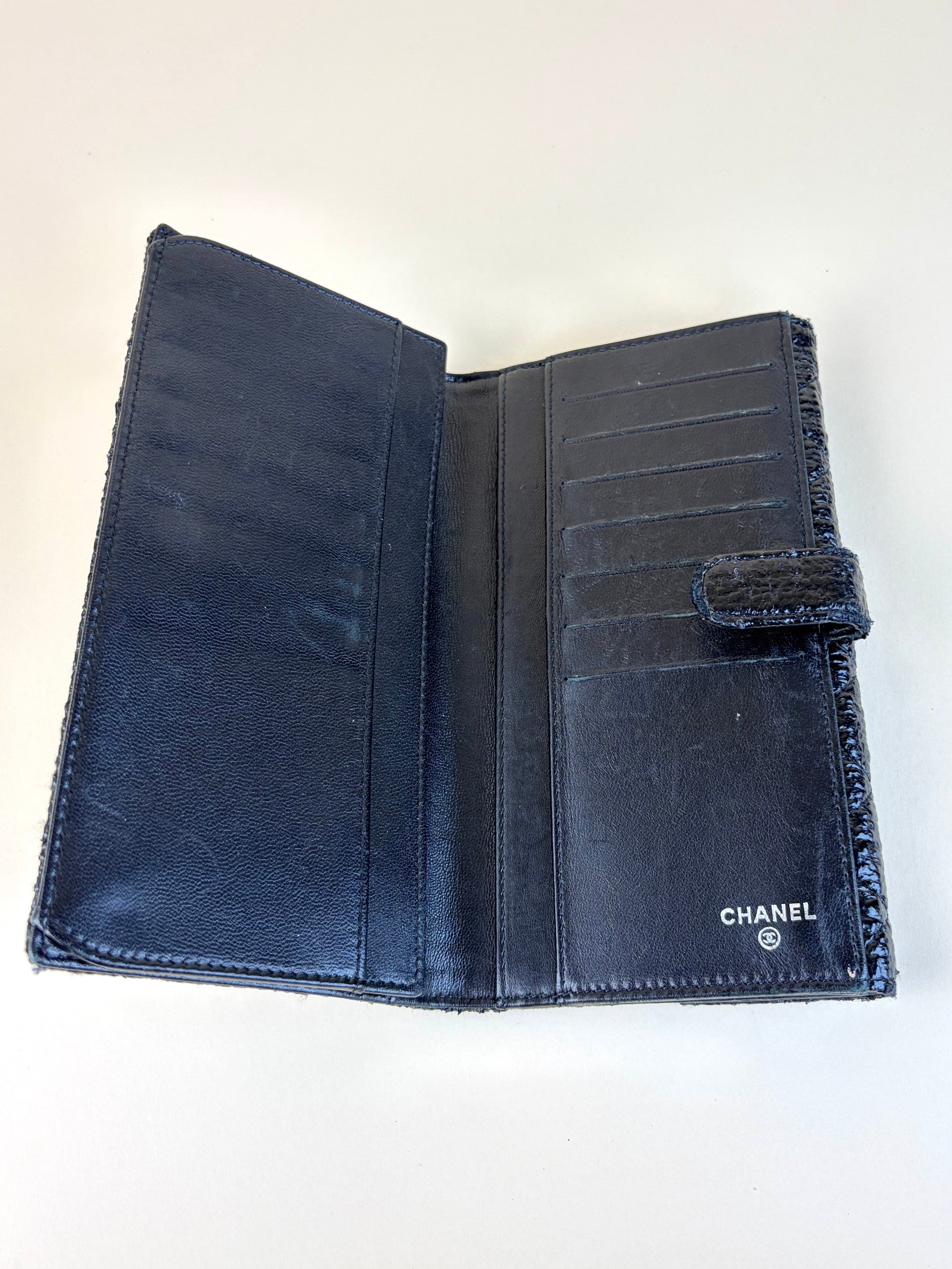 Chanel black new button bi-fold coated tweed wallet