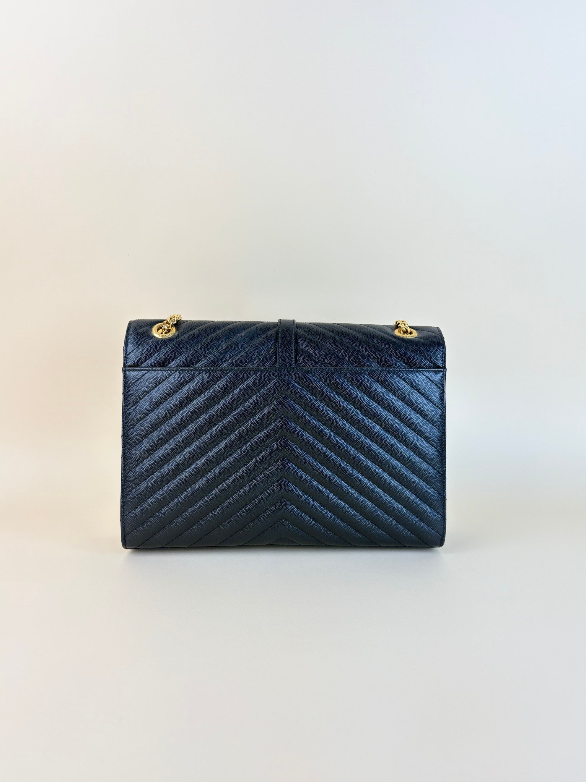 YSL Black Large Envelope Chevron Grain Shoulder Bag