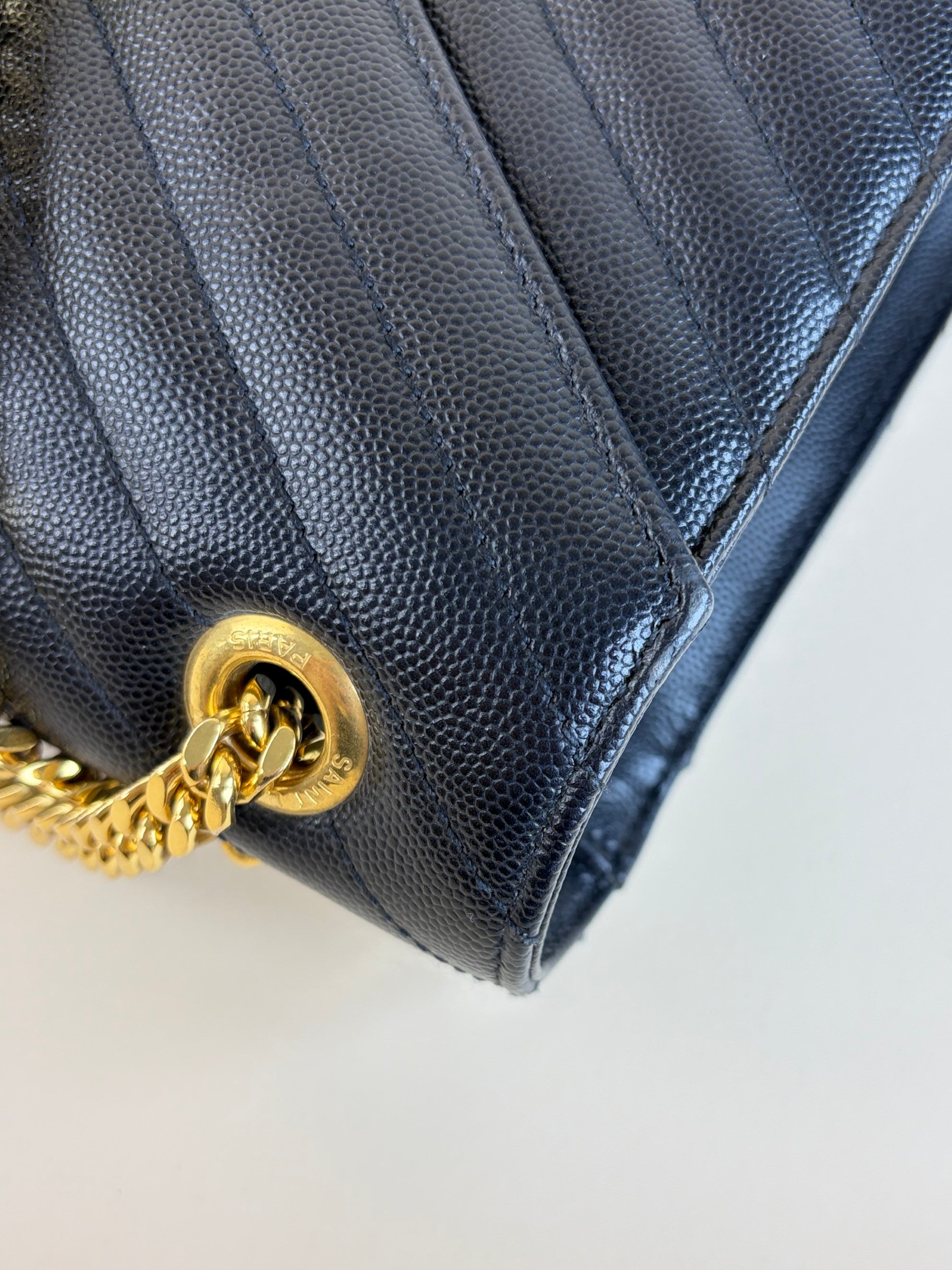YSL Black Large Envelope Chevron Grain Shoulder Bag