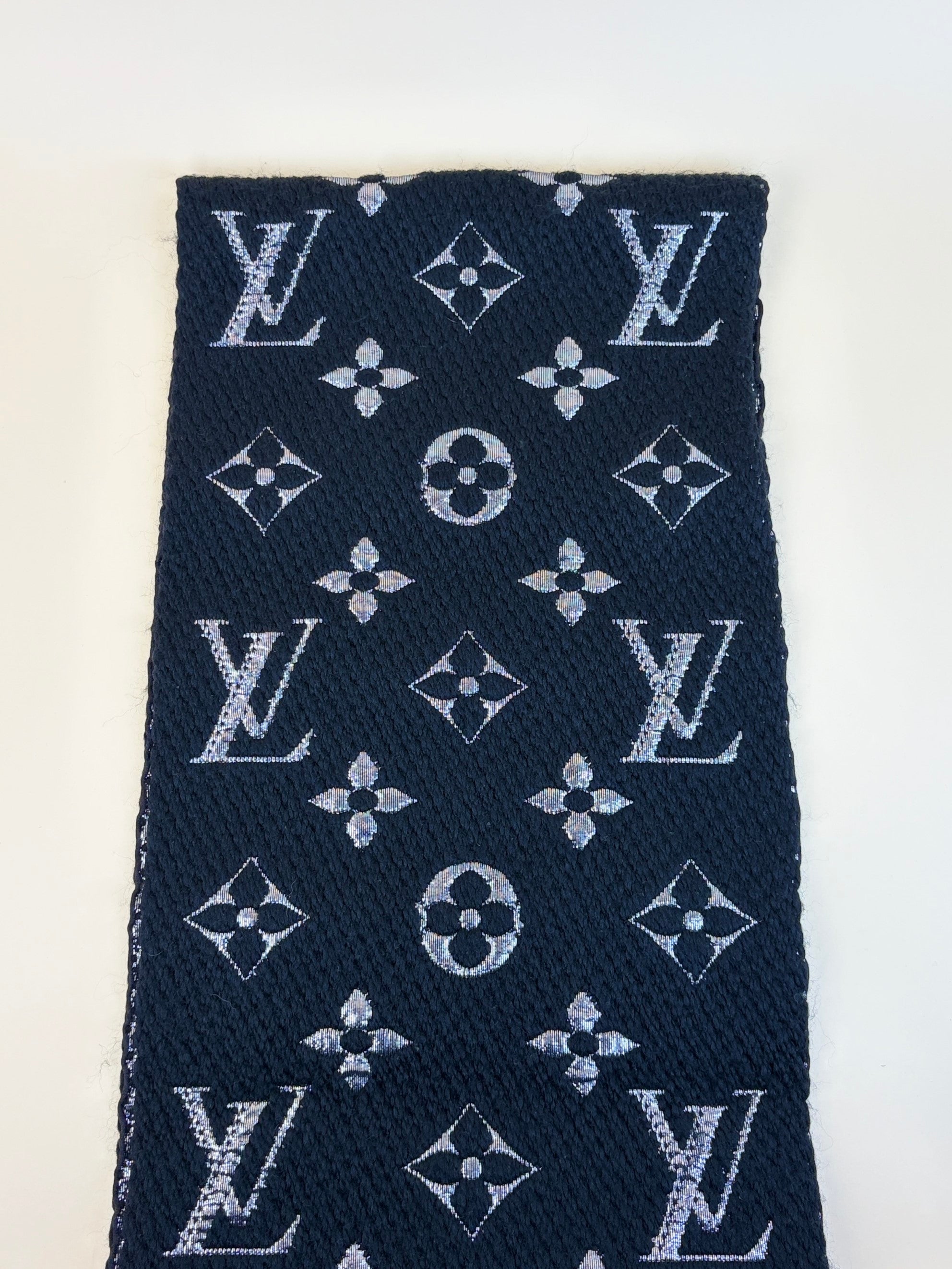 louis Vuitton black monogram logomania shiny wool scarf