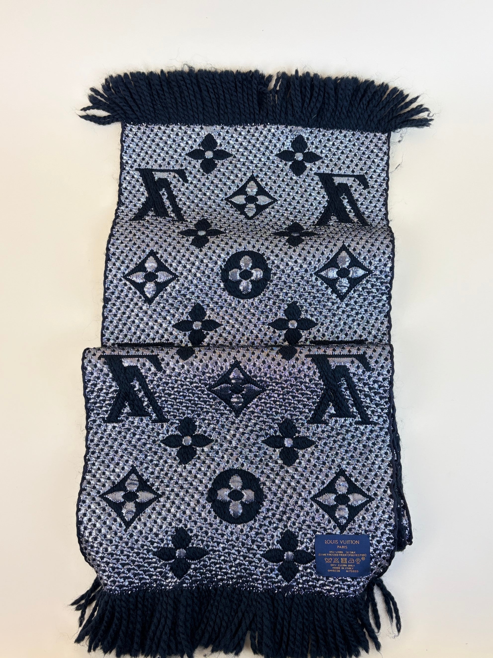 louis Vuitton black monogram logomania shiny wool scarf
