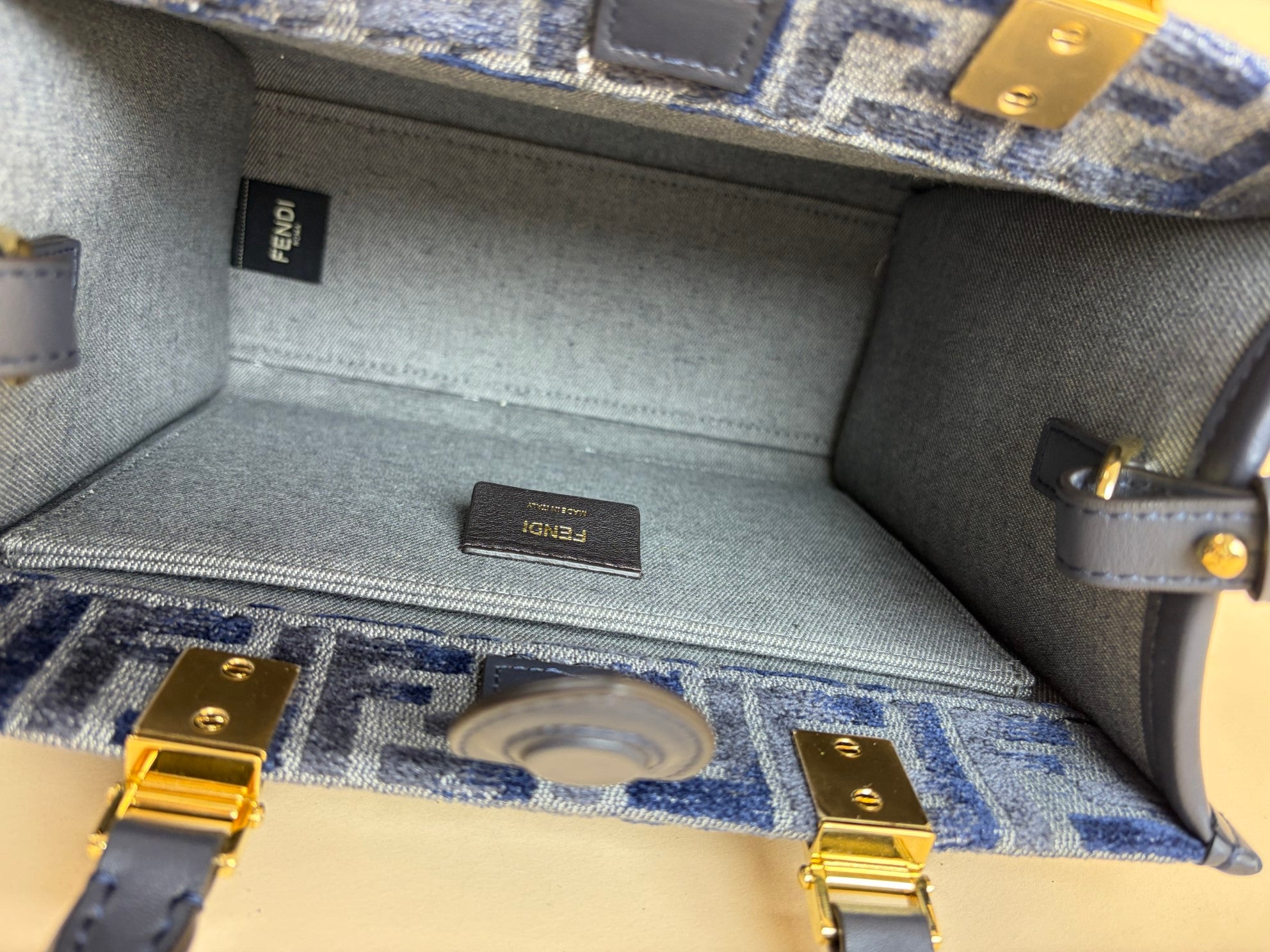 Fendi dark blue FF chenille shopper small Tote Bag with Strap