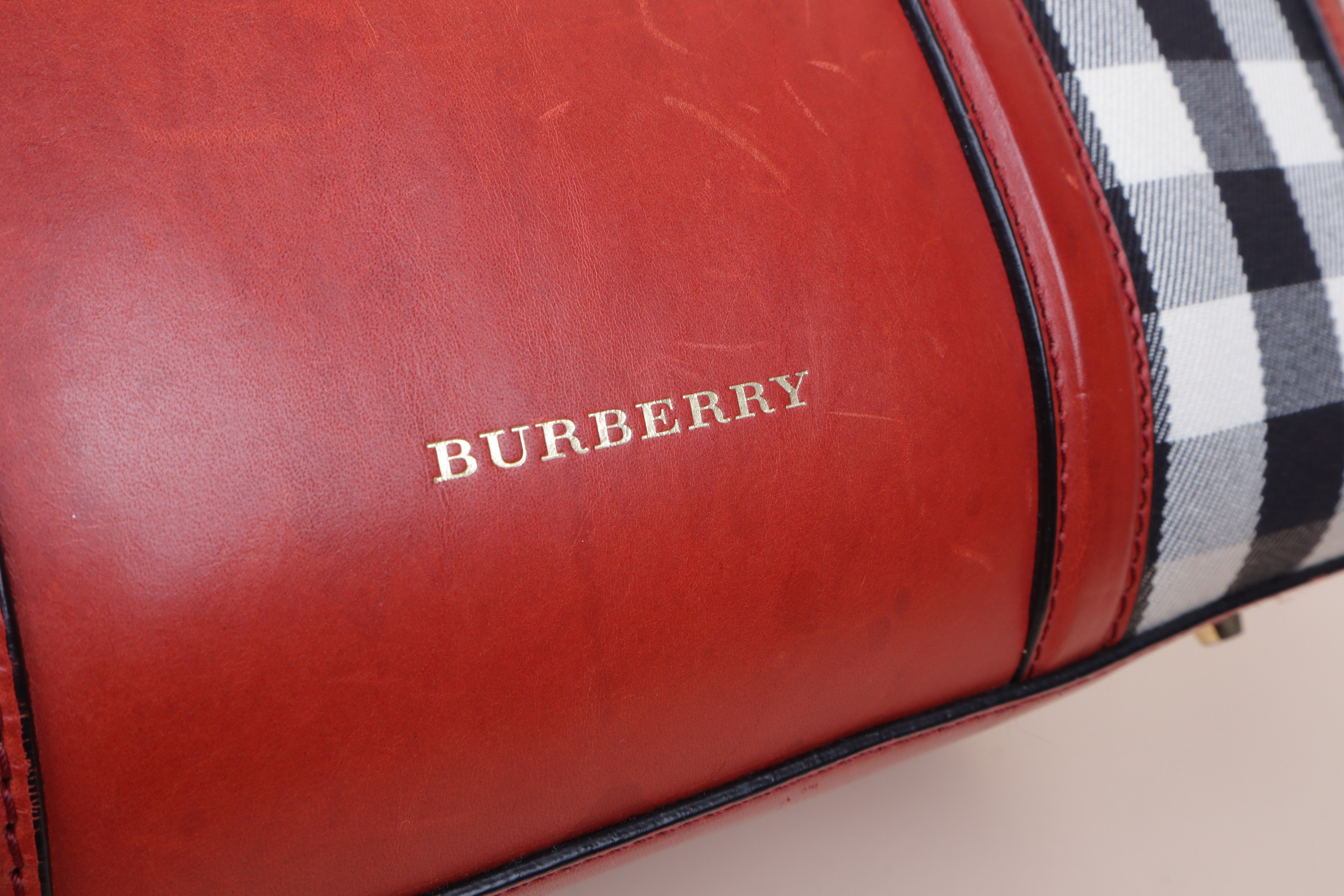 Burberry House Check Red Alchester Bowling Medium Tote Bag with Strap