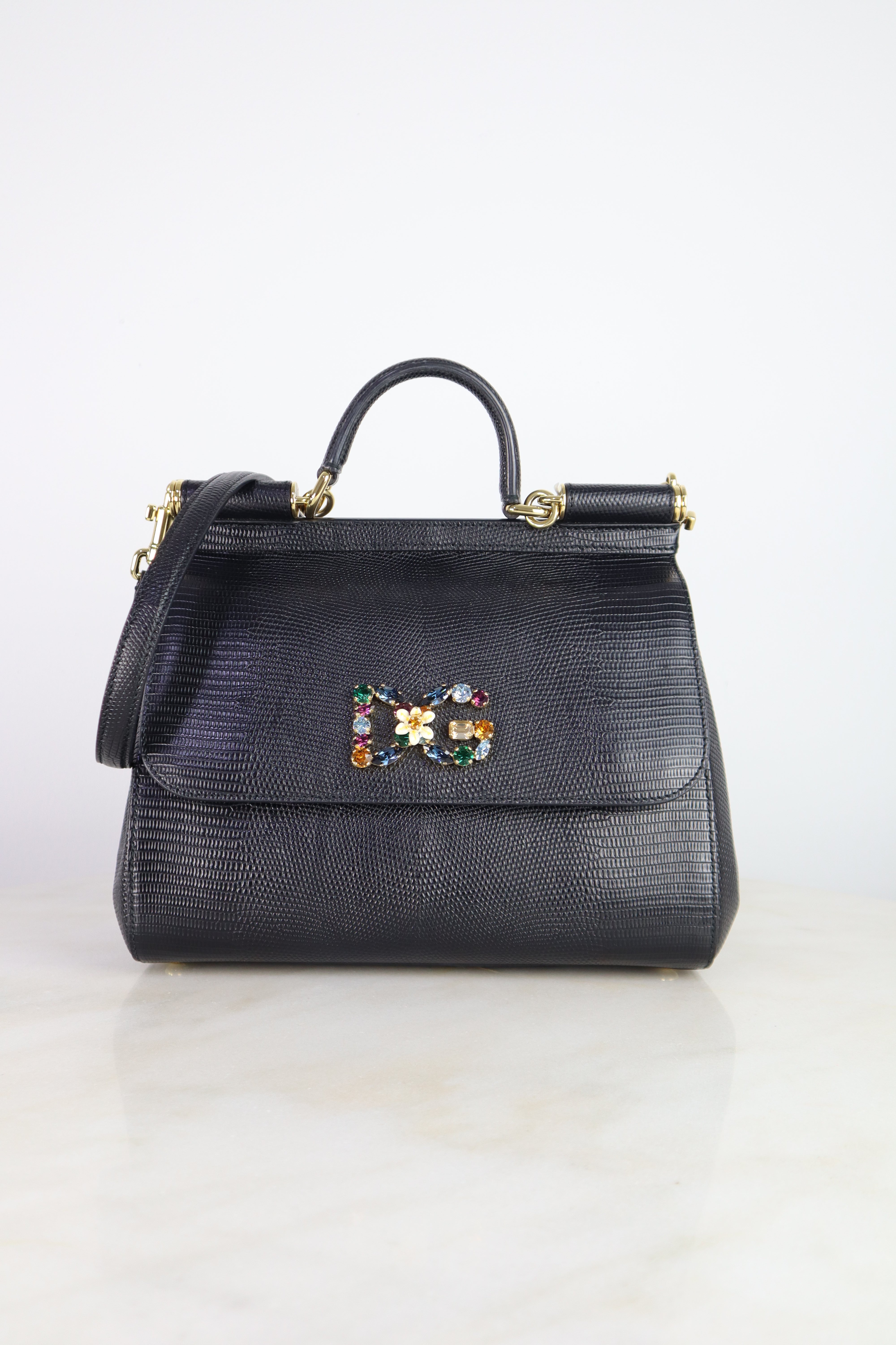 Dolce & Gabbana Black Iguana Print Sicily Crystal Medium Bag W/ Strap