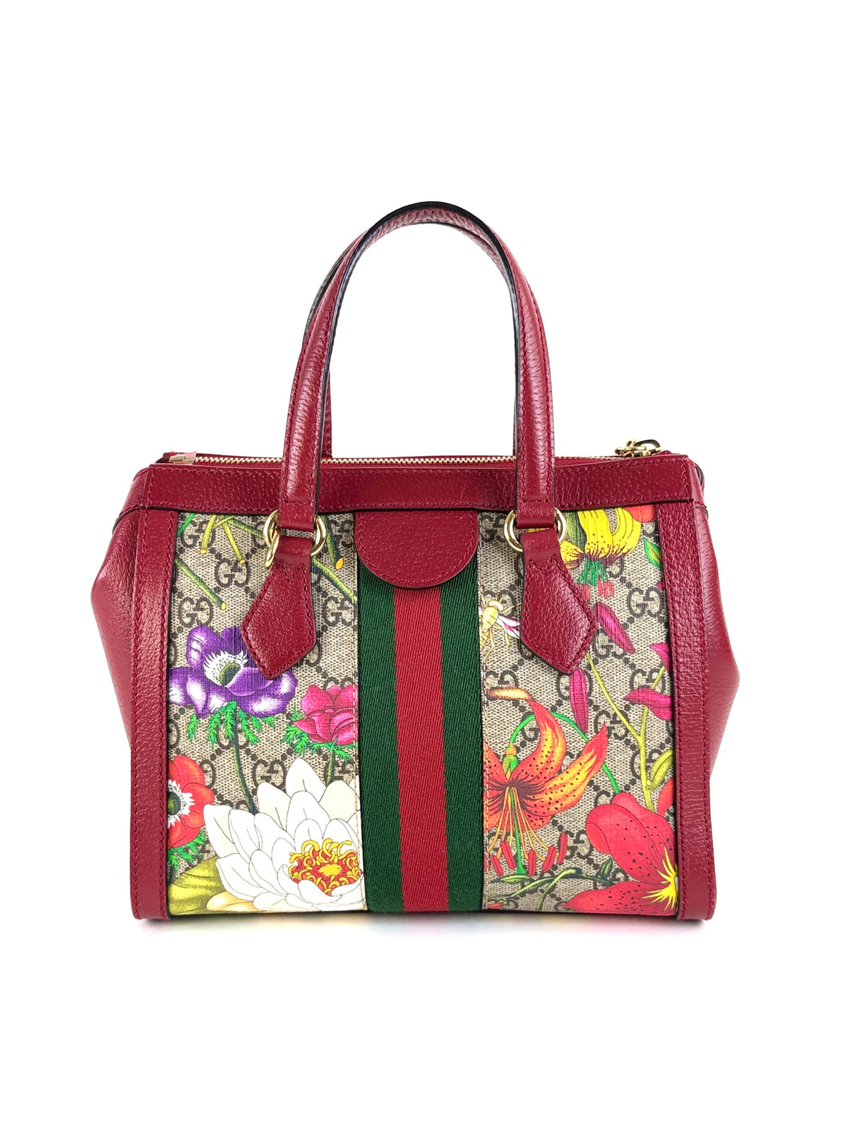 Gucci red leather and gg supreme flora monogram Ophidia Small Tote Bag