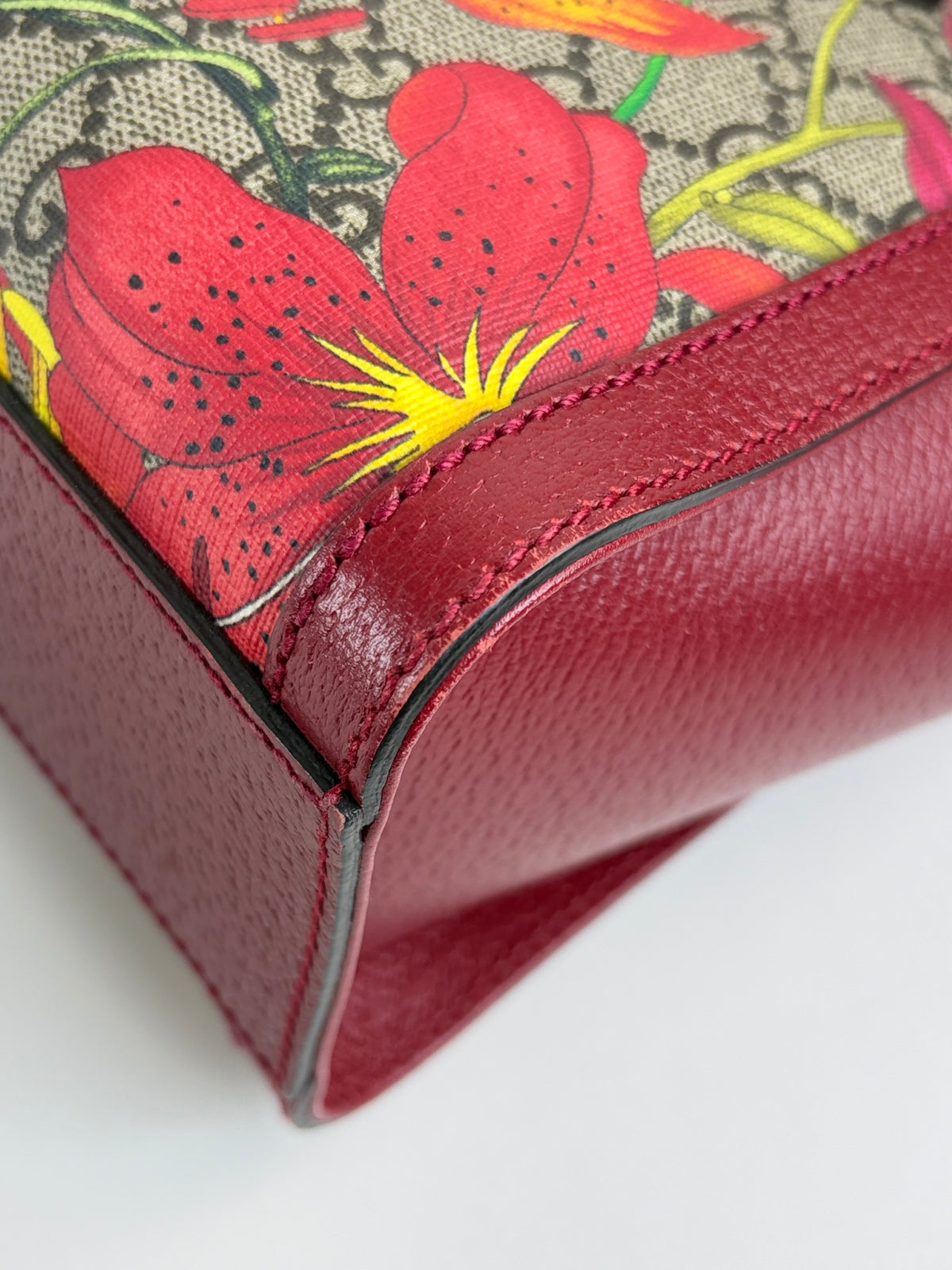 Gucci red leather and gg supreme flora monogram Ophidia Small Tote Bag