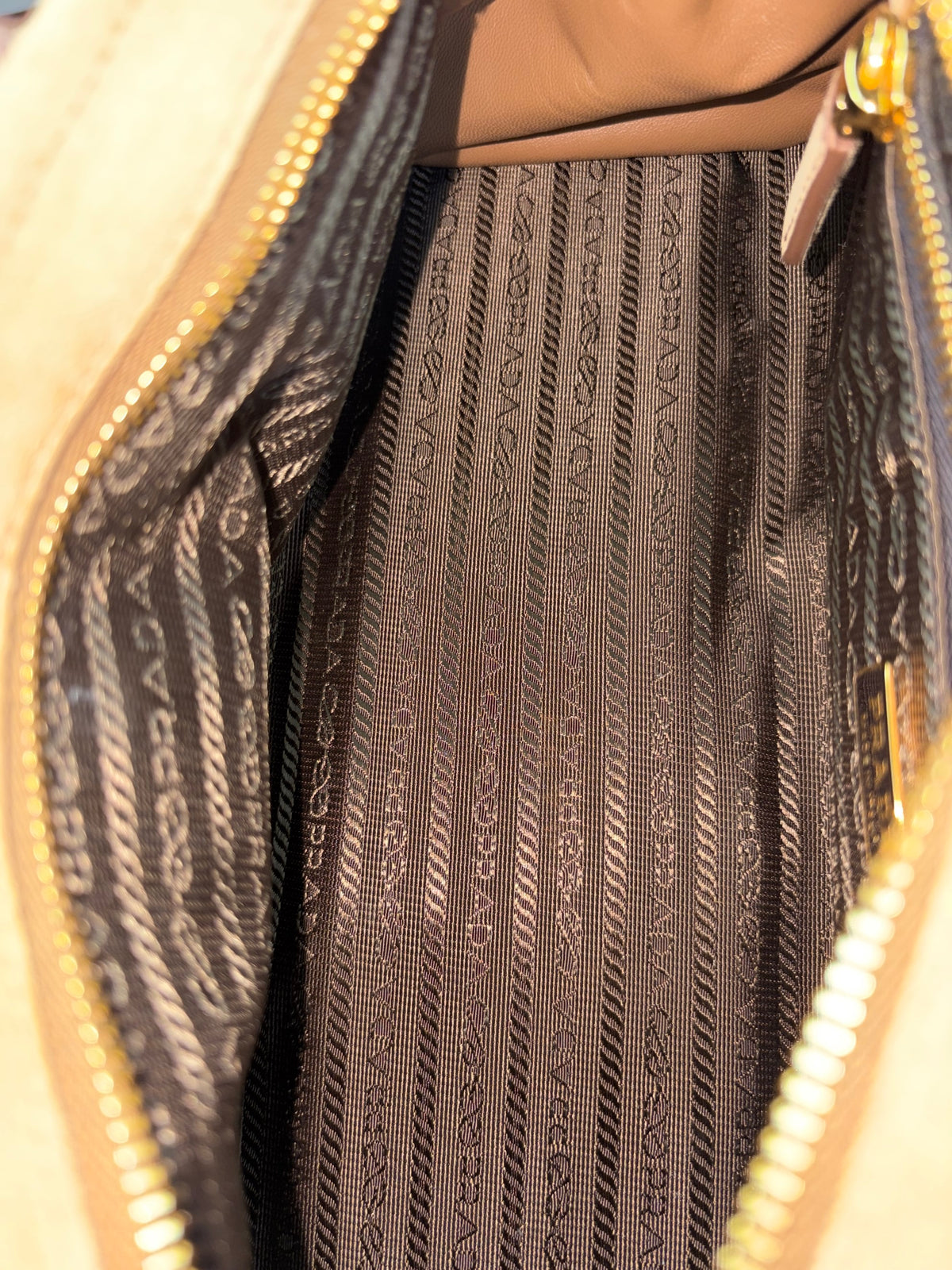 Prada bonnie medium suede handbag light brown