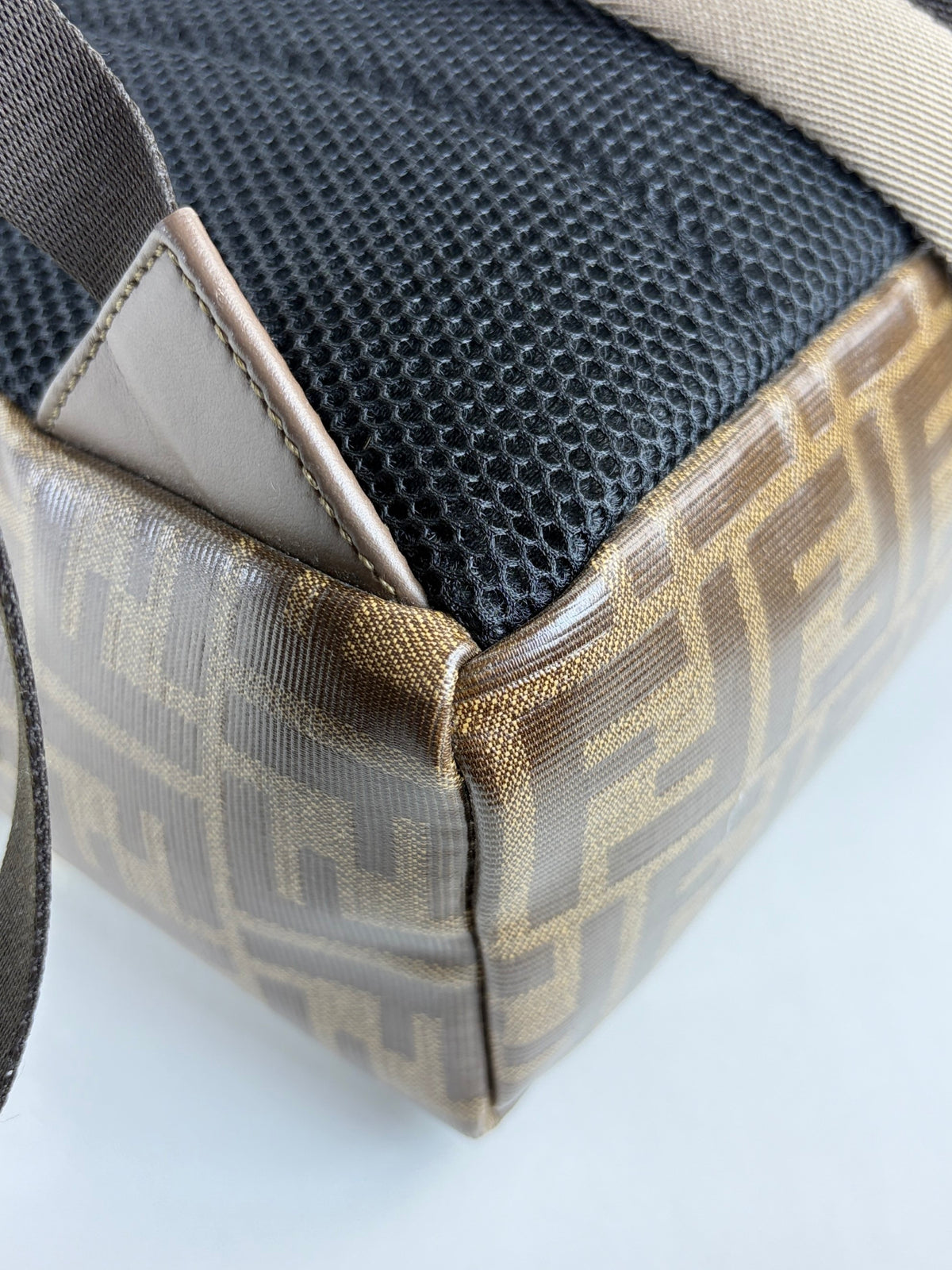 Fendi x fila glazed fabric vitello century ff 1974 mania pouch pocket backpack mogano panna blueberry