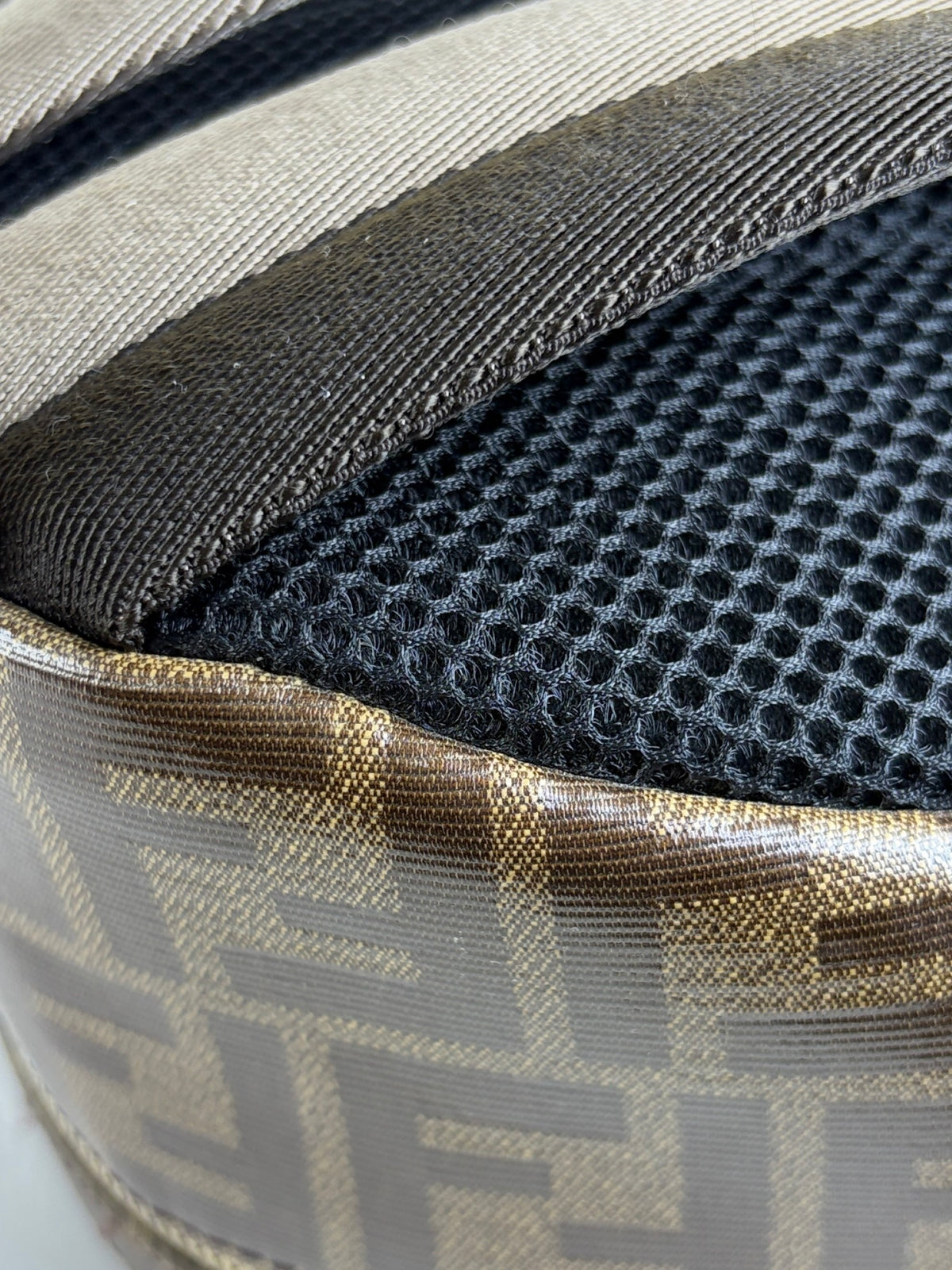 Fendi x fila glazed fabric vitello century ff 1974 mania pouch pocket backpack mogano panna blueberry