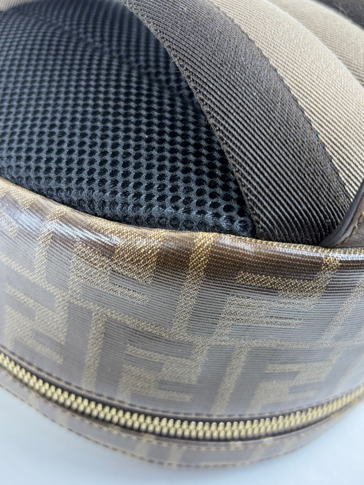 Fendi x fila glazed fabric vitello century ff 1974 mania pouch pocket backpack mogano panna blueberry