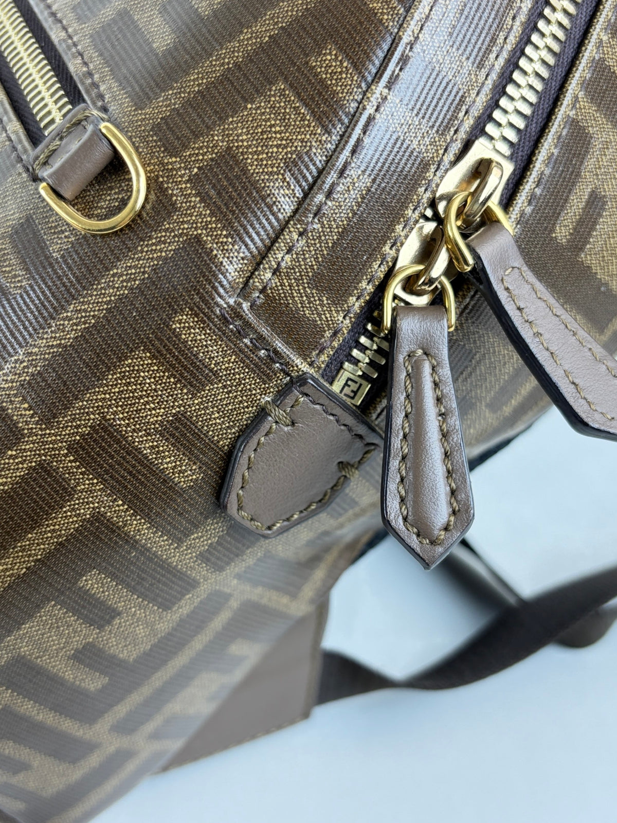 Fendi x fila glazed fabric vitello century ff 1974 mania pouch pocket backpack mogano panna blueberry
